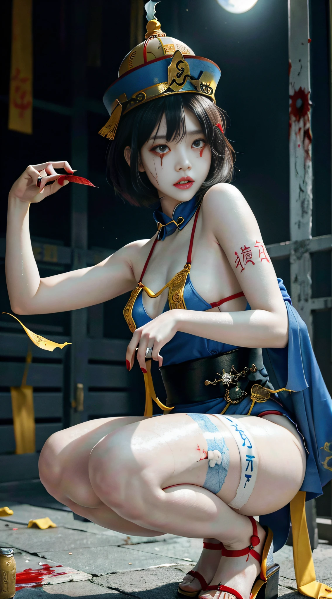 RAW, masterpiece, super fine photo, best quality, super high resolution, realistic, moonlight, night, a beauty, short hair, delicate facial features, perfect face, big breasts, yellow rune paper on the face, a lot of Taoist rune paper pasted on the body, Qing dynasty official uniform, white bandages with blood stains wrapped around the whole body, female zombie, Hong Kong Lin Zhengying zombie movie character, squatting on the ground, pale skin, fair skin, shiny skin, vampire teeth, amazing beauty, dynamic pose, delicate face, abandoned warehouse background, messy, Gorgeous, High Detail Skin, Realistic Skin Detail, Sharp Focus, Volumetric Light, 8k UHD, DSLR, High Quality, Film Grain, Realism