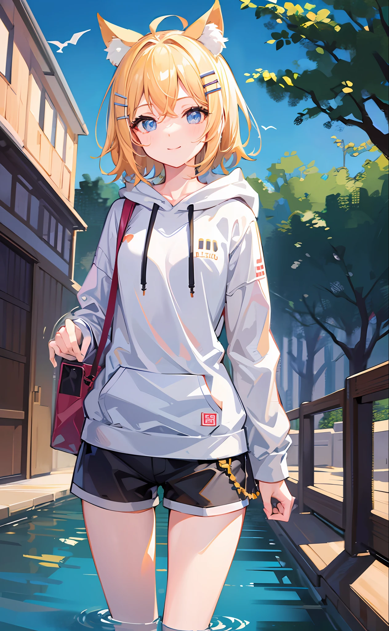 (Masterpiece), (Best Quality), (Illustration), (Super Detail), (High Resolution), Perfect Anatomy, Absurdity, One Girl, (Kagamine_Rin), (Vocaloid), Short Hair, Hair Clip, Big Smile, (Blonde), Very Cute Girl, Small, Young, Delicate, Attention to Girl, Outdoor, Cute, She, Smile, Best Moment, Middle School, Blue Eyes, Bright Eyes, lively eyes, cute, standing, thighs, red heart in the background, heart speech bubble, pampered, innocent, love love, love viewer, clean skin, beautiful body, cute face, delicate arms, boyfriend gaze, lively eyes, neat, bare legs, dabo dabo hoodie, perfect hood, hoodie based on white, black shorts, beautiful girl, cat ears, blue sky, sunlight, unguarded