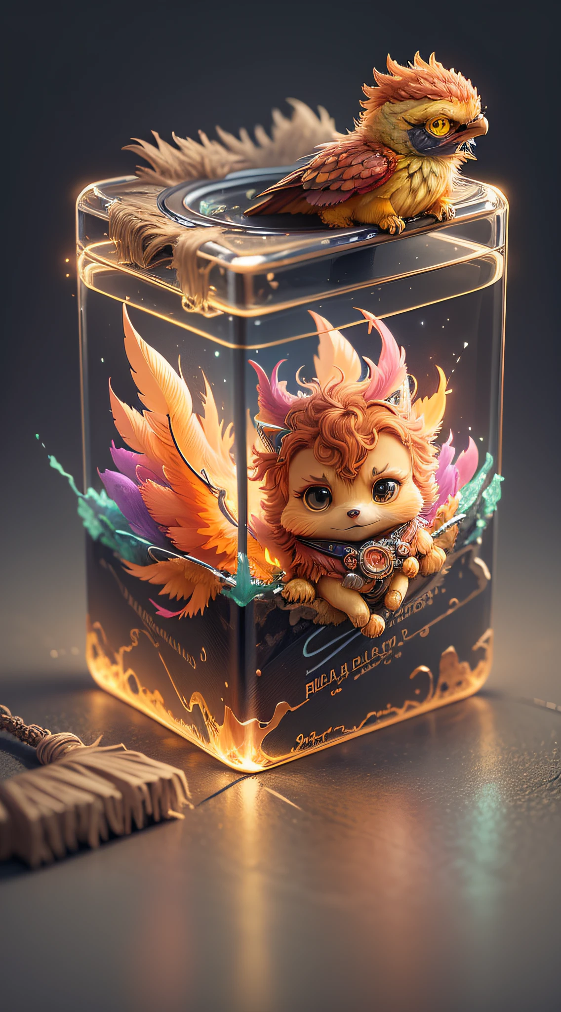 beautiful tiny hyperrealistic phoenix with realistic eyes and bright different colors taking care of a necklace, shades of fire, Chibi, adorable and cute, logo design, cartoon, cinematic lighting effect, charming, 3D vector art, cute and quirky, fantasy art, bokeh, hand drawn, digital painting, soft lighting, isometric style, 4K resolution, photorealistic rendering, highly detailed cleaning,  vector image, photorealistic masterpiece, professional photography, simple space scenery, isometric, vibrant vector