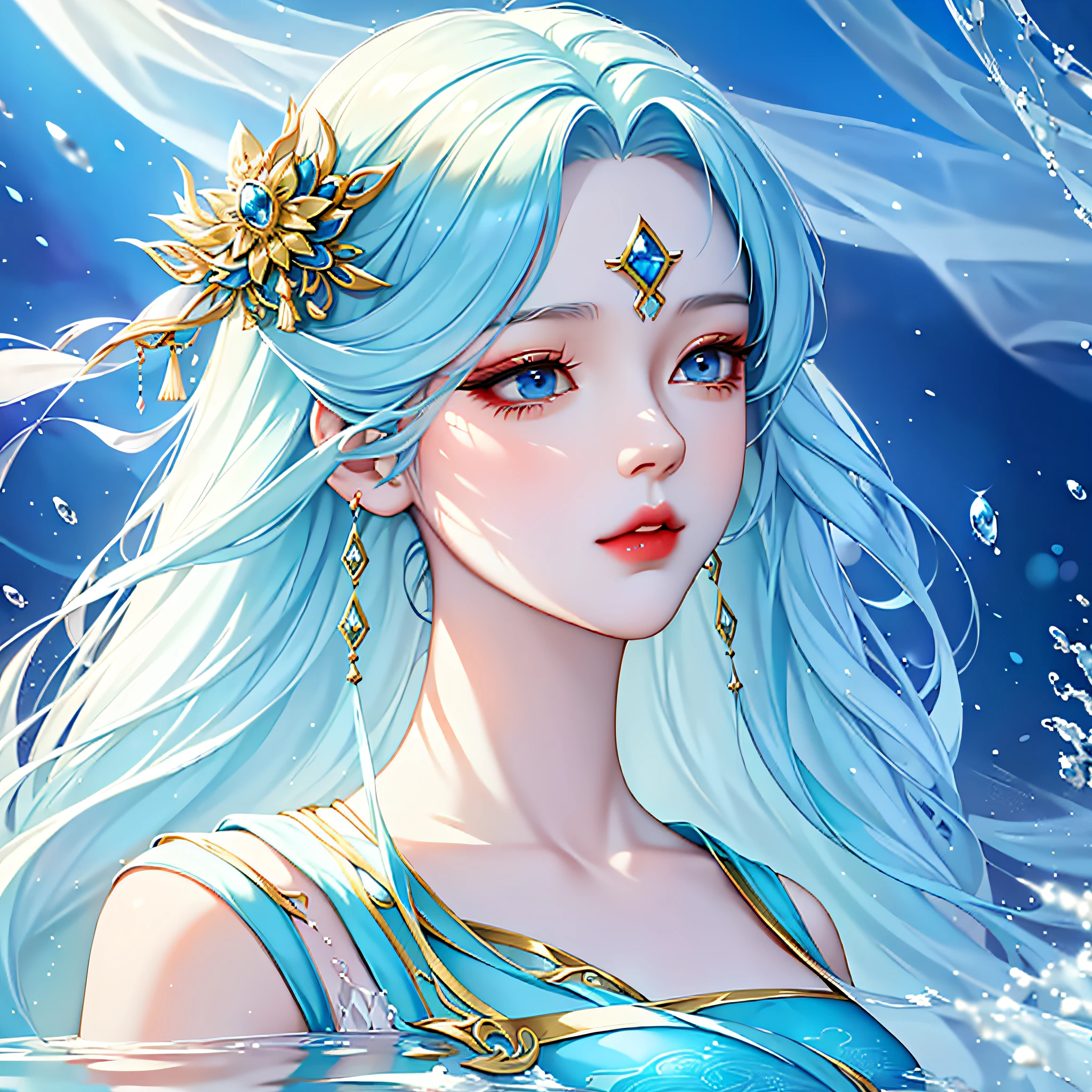 painting of a woman in a blue dress in a pond of water, beautiful character painting, ((a beautiful fantasy empress)), in the art style of bowater, closeup fantasy with water magic, artwork in the style of guweiz, inspired by Chen Yifei, ethereal beauty, a beautiful fantasy empress, inspired by Zhang Yan, palace , a girl in hanfu