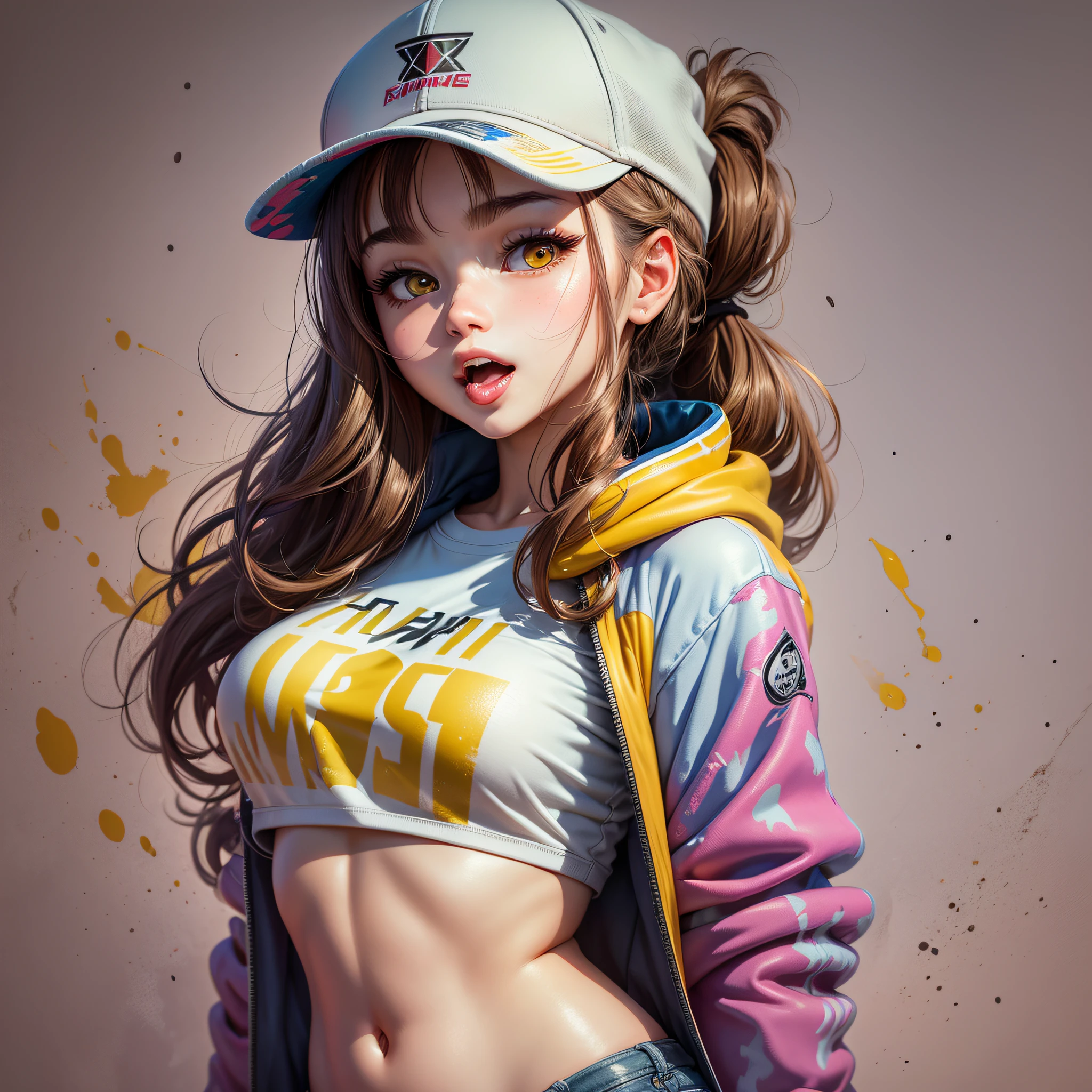 Original Characters, Natural Volume Light and Best Shadows, Depth of Field, Clear Focus, Portrait of a Absolutely Beautiful Petite Girl, Soft and Delicate Beautiful Charming Face, Charming Yellow Eyes, Cute Small Breasts, Sharp Eyeliner, Seductive Smile, Open Mouth and Cute Fangs Going Out, Unkempt Brown Hair Blown by the Wind, Thick Layered Medium Double Ponytail Hairstyle, Blush Eyeshadow with Thick Lashes, Parted Lips, Applejack Hat, Oversized Pop Art Jacket, Mini Underboob T-shirt, Slim waistband open cute navel, (messy painted body: 1.05), (graffiti mural wall background: 1.15), (highest quality, amazing detail: 1.4), masterpiece, blooming, picturesque, gorgeous colorful painting, gorgeous digital illustration, pixiv digital art, animated girl, sticking out tongue --auto --s2