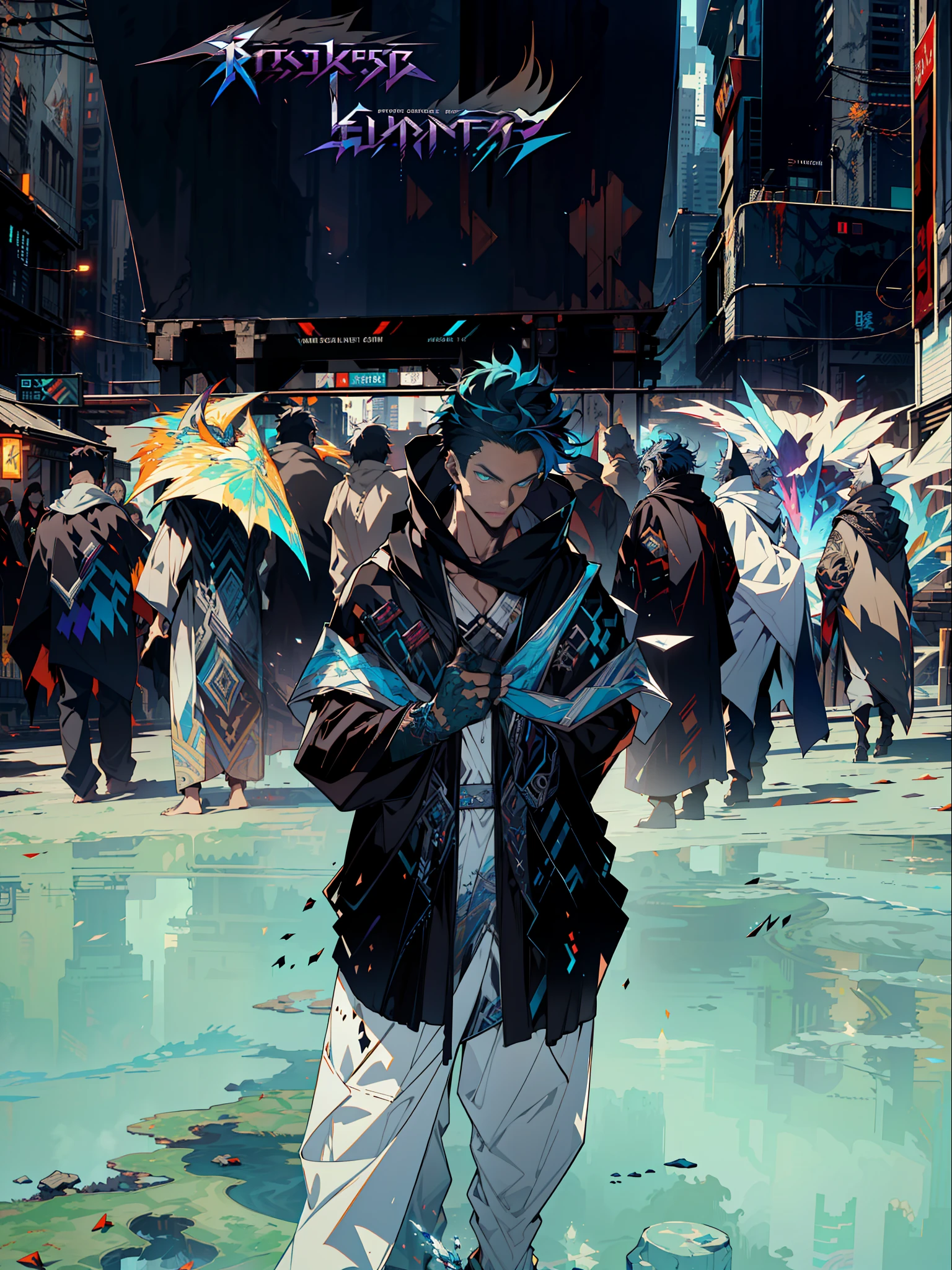 Cyberpunk male, fantasy world, dark background, clean design, epic instagram, artstation, colorful paint splatter, silhouette, hyper detailed intricate details, unreal engine, fantasy, intricate details, splash screen, complementary colors, Fantasy concept art, 8k resolution, deviantart masterpiece, oil painting, heavy strokes, paint dripping, (isolated on white background: 1.3), rainbow skin, (((handsome young man))), ((teenage:1.5) ), (glowing blue eyes), ((light eyes)), ((((short white hair: 1.1))), ((black clothes)), (prince\\(indifferent expression\\),, ( ((Wears high detail luxurious black robe))), white hair, frost magic, ((chest) --v 6