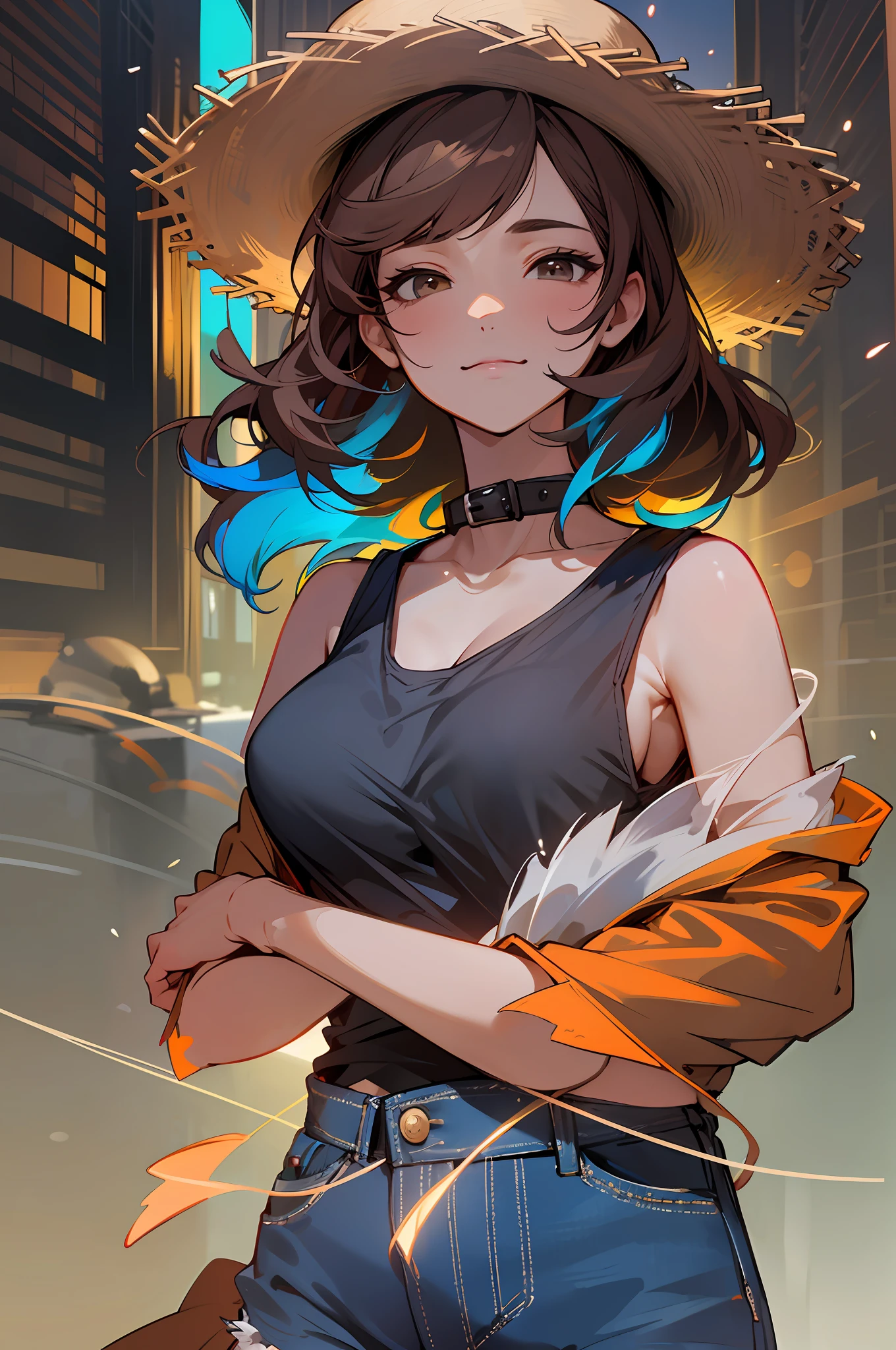 Southern, Straw Hat, ((Big (1.2), Tomboy)), (Lower half visible breasts)), (Perfect body: 1.1), (Short wavy hair: 1.2), Reddish brown, Collar, Full body shot, Crowded city, Black tank top, Denim jacket, (Very elaborate CG 8K wallpaper), (Very delicate and beautiful), (Masterpiece), (Best Quality): 1.0), (Ultra High Definition: 1.0) , beautiful lighting, perfect lightning, realistic shadows, [High Resolution], detailed skin, super detailed ((colorful)), fine skin, ruddy skin, troubled smile expression,