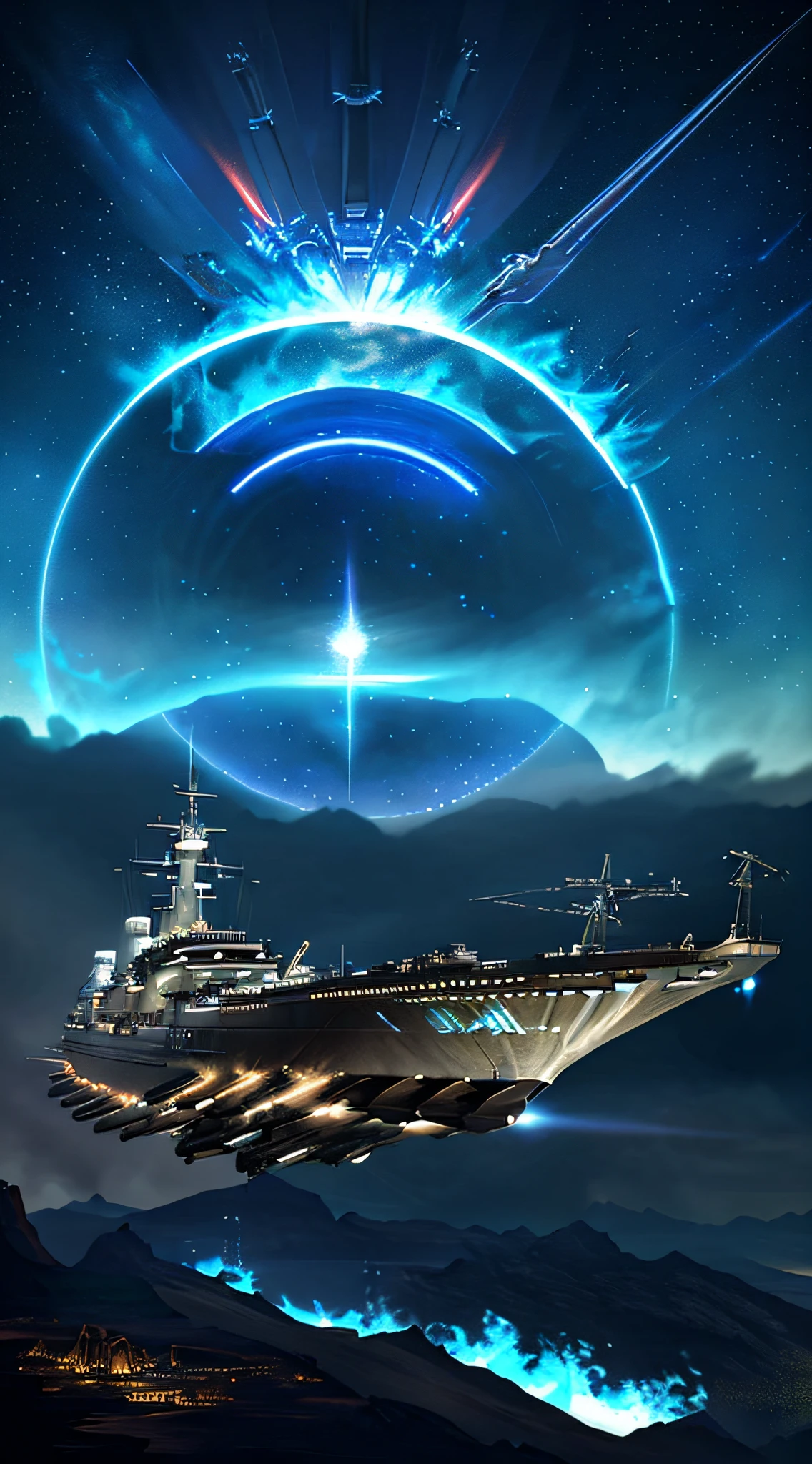 Steampunk style, cool colors, cinematic effects, huge starship flying in the sky, blue flames erupting from the tail, brilliant lights on it, aesthetic, 8K, top painting, concept art, epic composition, highlighting starship details, battleship shapes are random and varied, rich in detail, with an earth in the background.