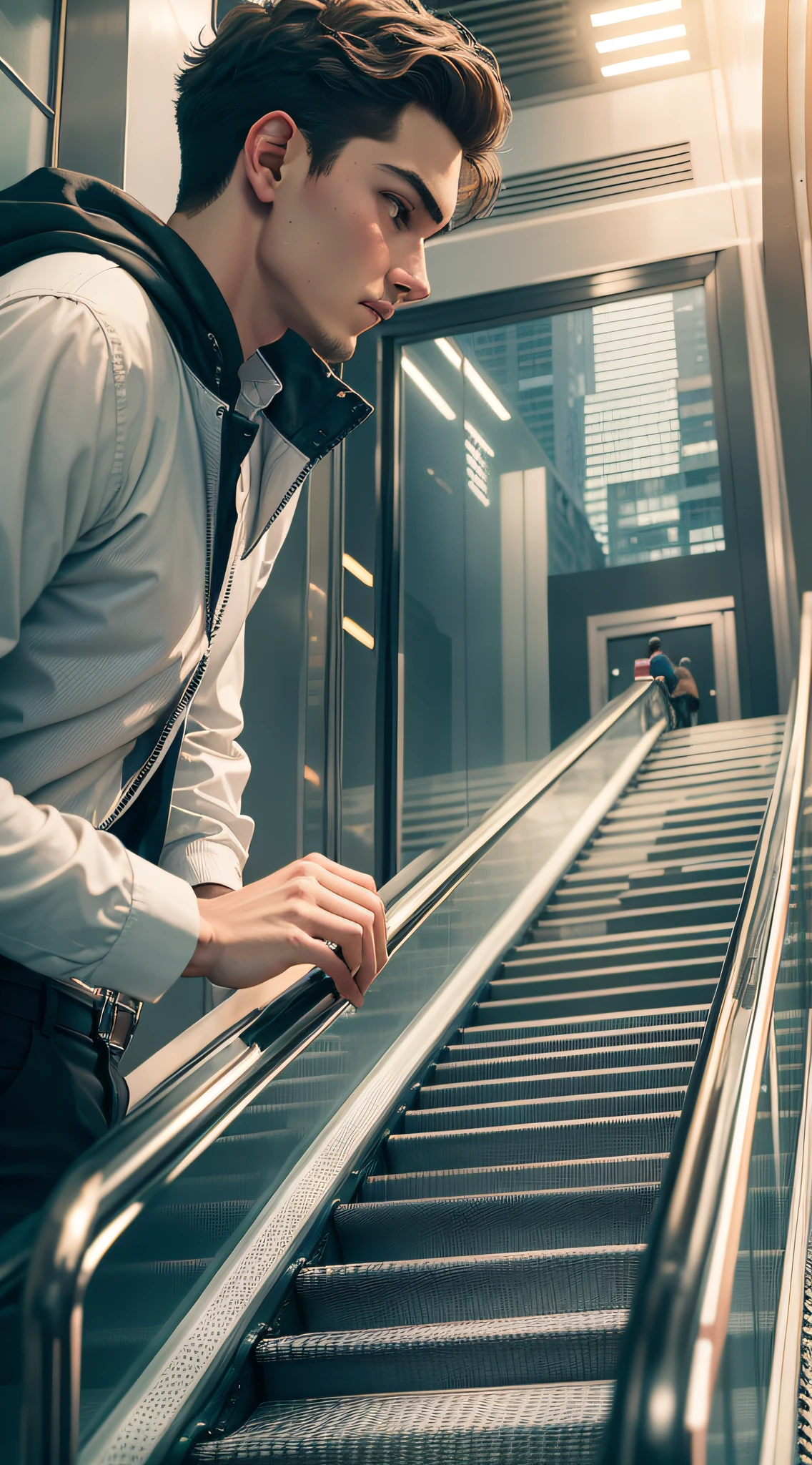 24 year old boy on escalator, high-rise building, company --auto --s2
