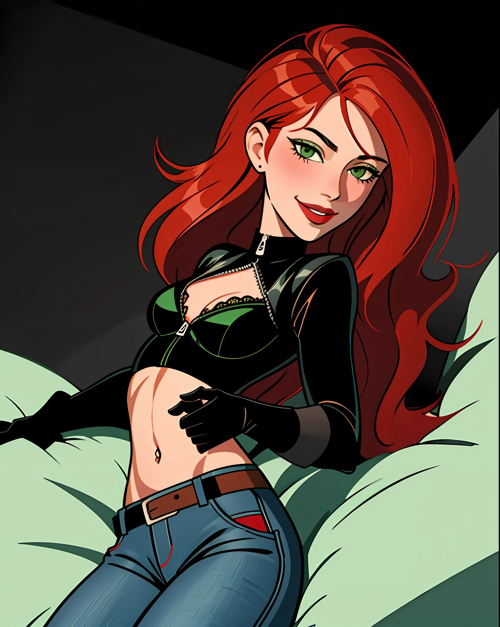 original art, lineart, ink, solo, green eyes, long red hair, kim perhaps, unzipped jeans, black crop top, black gloves, midriff, belt, bedroom background, sexual expression, blush, small breasts, 5 fingers, décolleté, seductive smile, sensual, lying on the bed, panties, bra