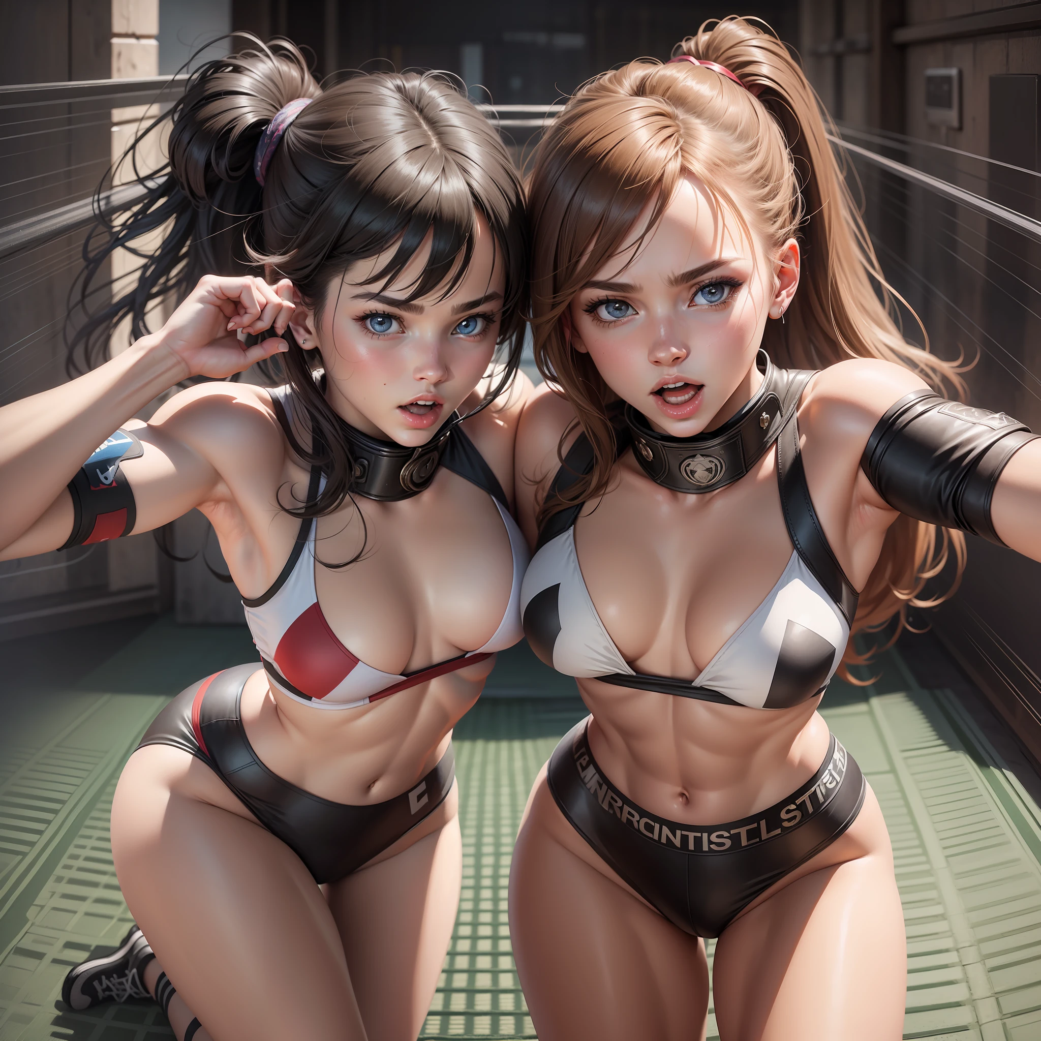 Masterpiece, best quality, realistic, ultra detailed, SFW, 2girls, two female werstlers fighting on a mat