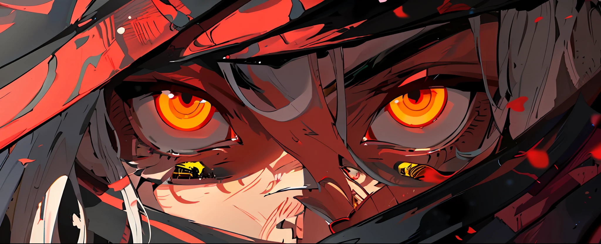 anime girl with red eyes and a black hat with a red eye, red eyes glowing, intense watery glowing red eyes, glowing red eyes, fully red eyes, handsome guy in demon slayer art, with red glowing eyes, red-eyes, with glowing red eyes, red glowing eyes, fiery scorching red eyes, sharp red eyes, anime cyberpunk art