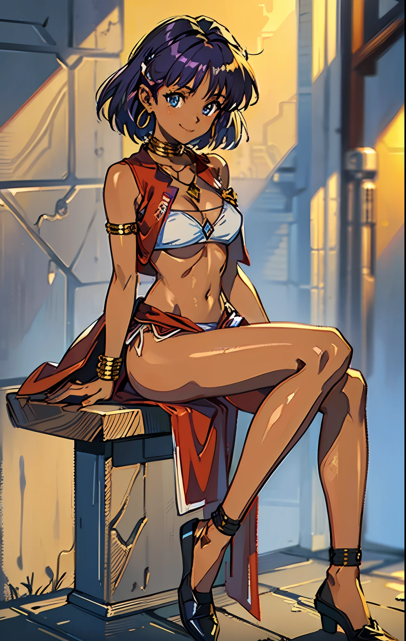 (masterpiece, best quality;1.3), extremely detailed, 1girl, solo, detailed skin, looking at viewer, dark skin,smile, large breast,cowboy shot, nadia,dark purple hair, WHITE bikini, red vest,Gold collar, Necklace with large light blue gemstones, from below, spread legs, sitting,