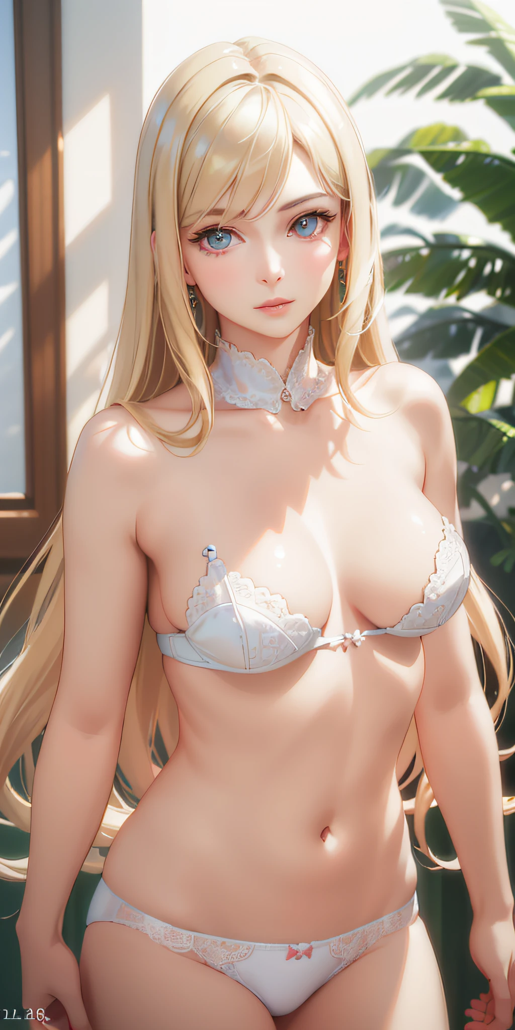 (Photorealistic:1.4), (Masterpiece, Sidelight, Fine Beautiful Eyes: 1.2), Masterpiece*Portrait, Realistic, 3D Face, Glistening Eyes, Glossy Hair, Glossy Skin, Alone, Embarrassing, (Epigastric), White Underwear, Blonde Hair, Pink Nipples, No Bra