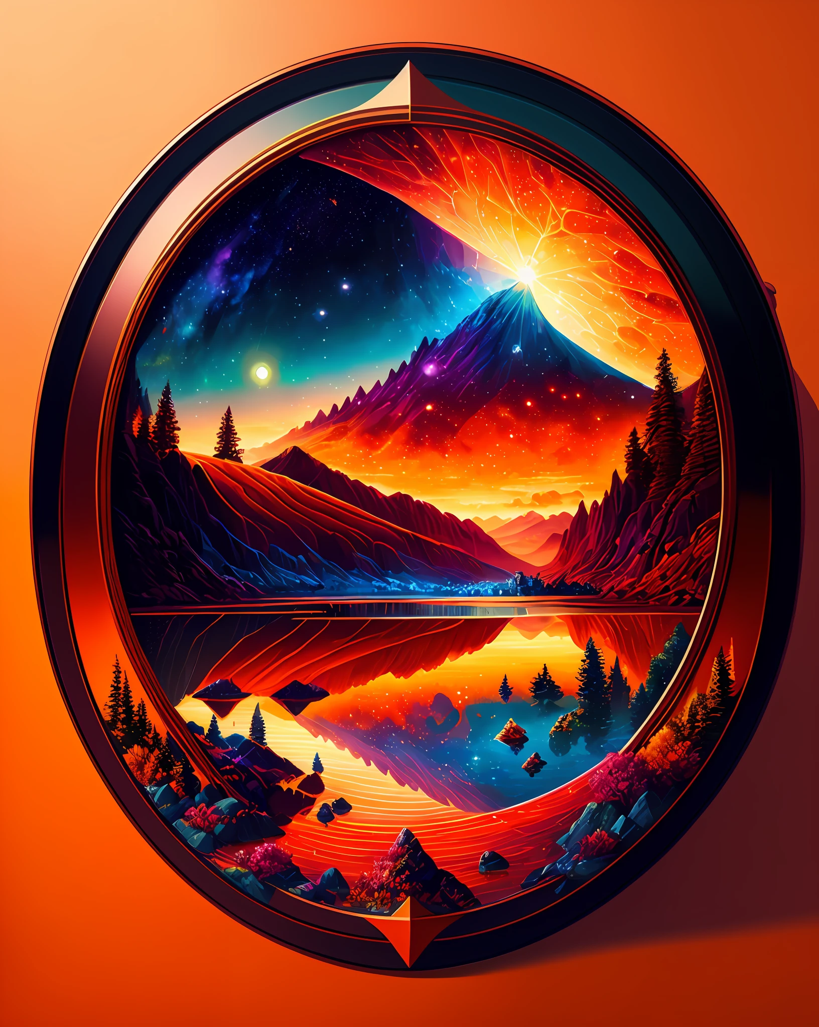 a close up of a clock with a painting of a mountain and lake, 4k highly detailed digital art, beeple and tim hildebrandt, 8k stunning artwork, dan mumford and albert bierstadt, 4k detailed digital art, jen bartel, detailed painting 4 k, inspired by Cyril Rolando, beautiful art uhd 4 k, beeple masterpiece