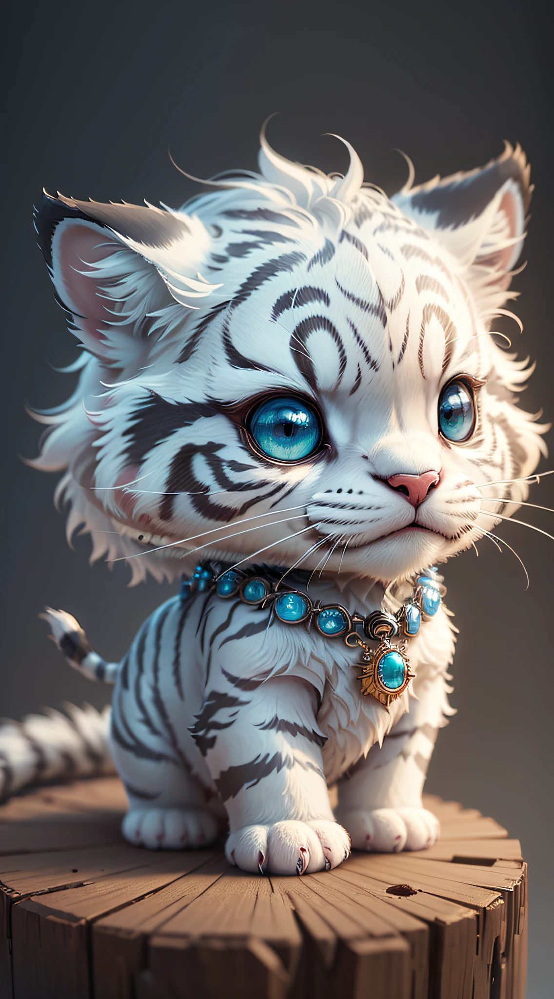 cute tiny hyperrealistic white tiger with different color eyes waring a necklace, Chibi, adorable and fluffy, logo design, cartoon, cinematic lighting effect, charming, 3D vector art, cute and quirky, fantasy art, bokeh, hand-drawn, digital painting, soft lighting, isometric style, 4K resolution, photorealistic rendering, highly detailed clean, vector image, photorealistic masterpiece, professional photography, simple space backdrop, flat white background, isometric, vibrant vector