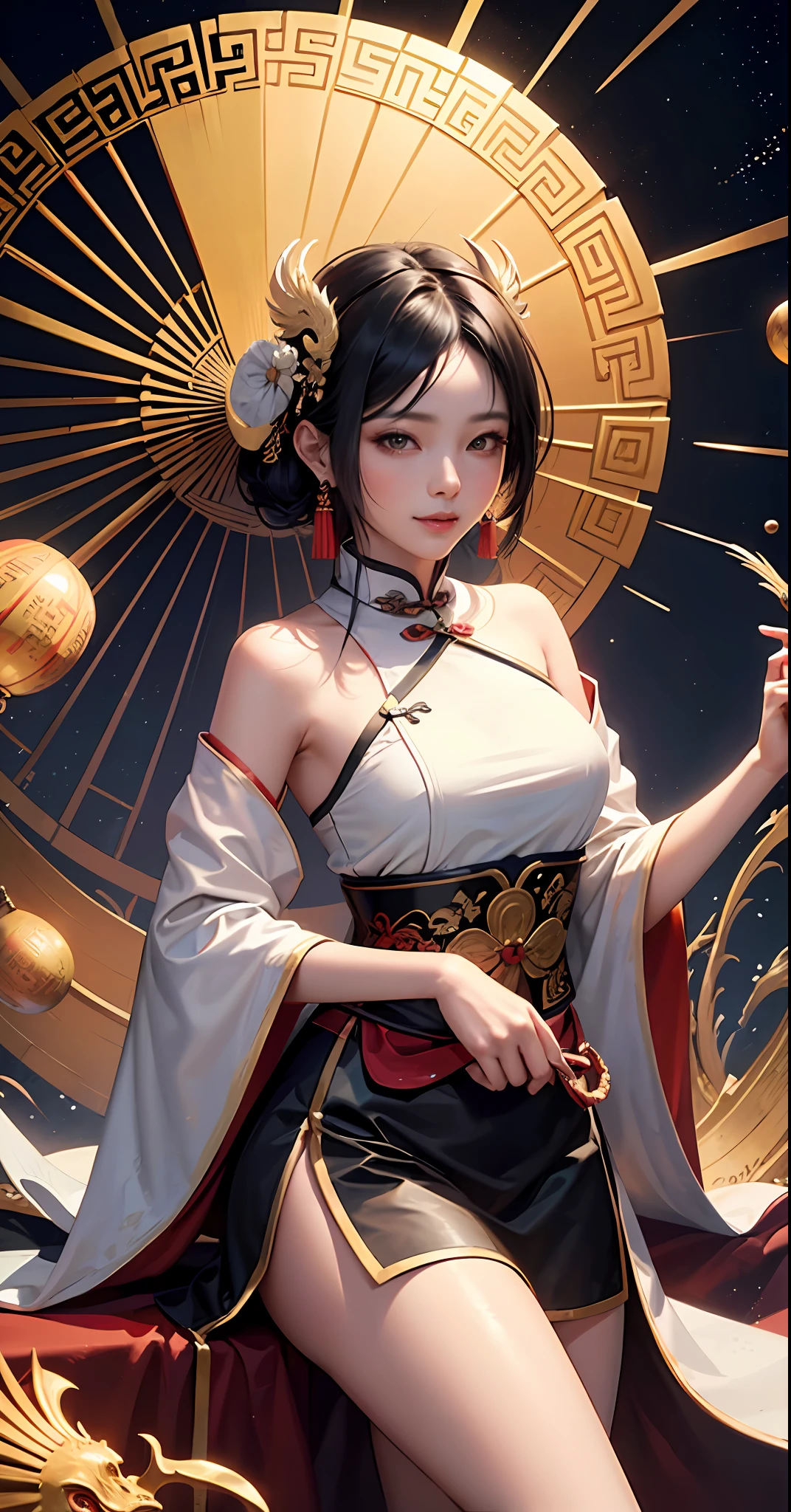 Official Art, Unified 8k Wallpaper, Ultra Detailed, Beautiful and Aesthetic, Masterpiece, Best Quality, (Fractal Art: 1.4), 1girl, Black Hair, Chinese, Bare Shoulders, Short Skirt, Calf, Very Detailed, Dynamic Angle, Cowboyshot, (Most Beautiful Form Chaos), Flowing, (Bright Colors), OC, (Half: 1.2), Chinese, (Thangka Feitian: 1.5), (Ribbon: 1.3), (Dream: 1.5), (Hanfu: 1.5), Magic Around, Chinese dragon, Chinese phoenix, (smile: 0.5), (Chinese deity),