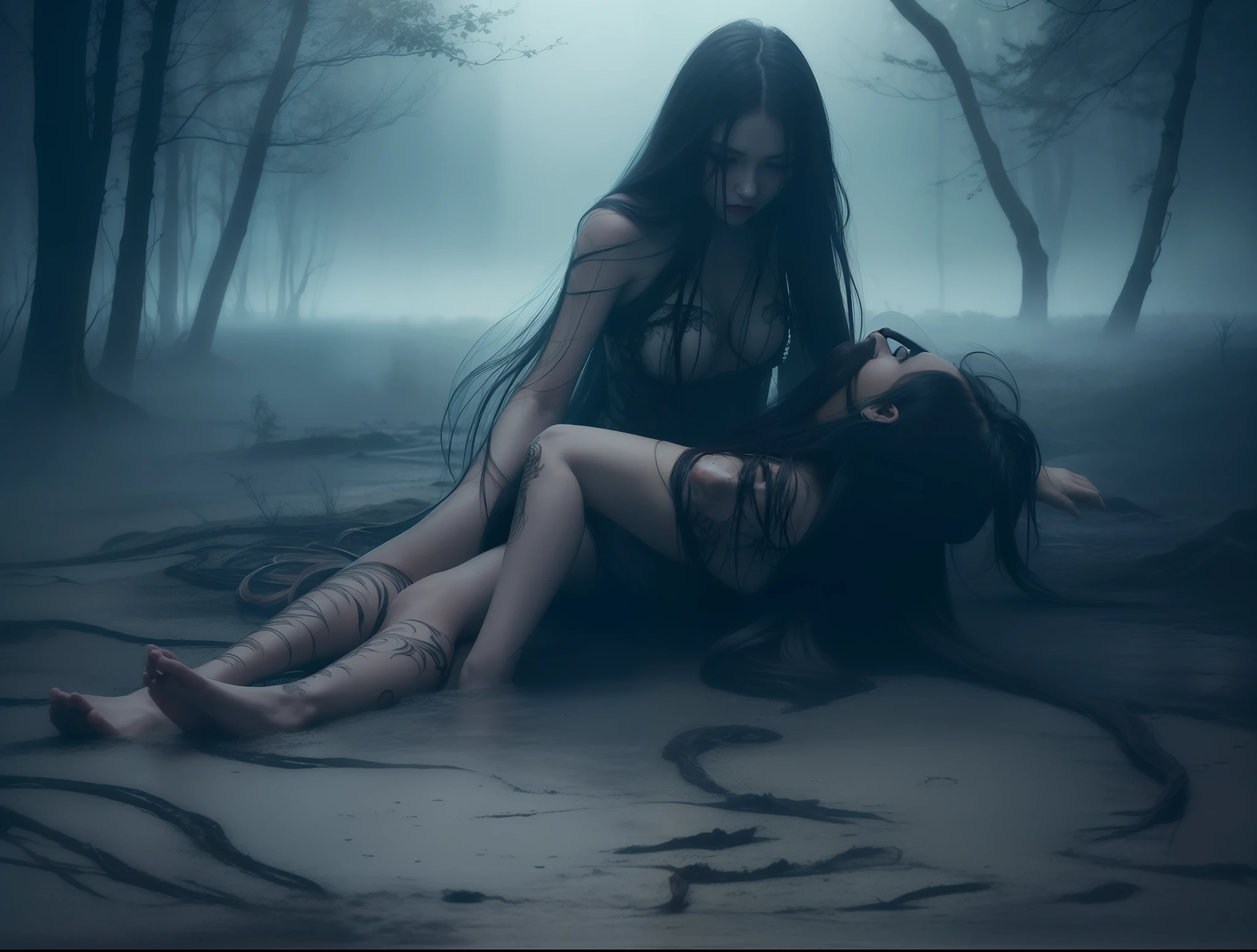 Fantasy realism, photo of 1 beautiful girl laying in a lake of twisted arms and feets , dark horror, (dark atmosphere:1.2), (fog & smoke), (dark night:1.3), scars, (dark medium length disheveled hair:1.1), (eyeshadow:1.1), (beautifully detailed glow:1.2), (Cinematic lighting), intricate detail, highres, sharp focus, smooth, aesthetic,