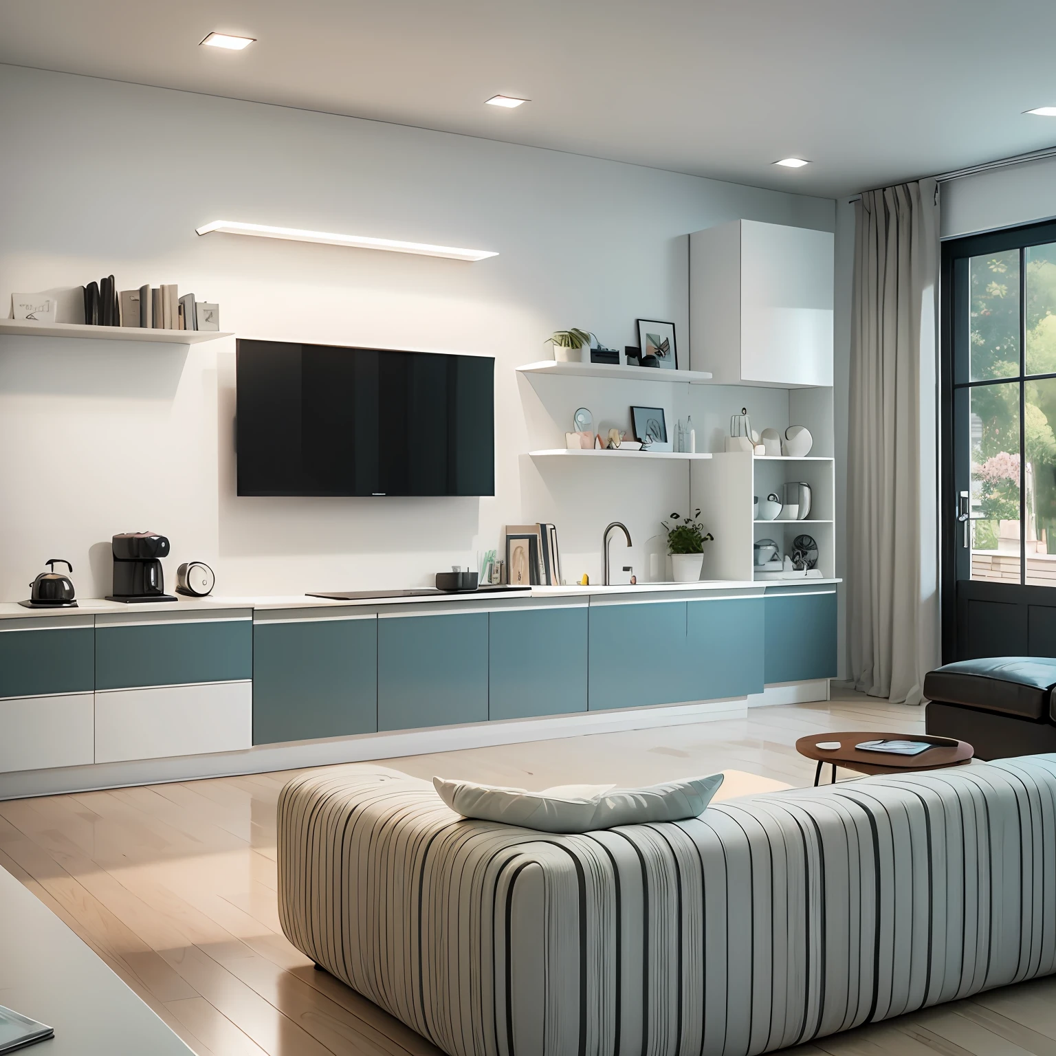 create the design of a living room with integrated kitchen, White walls, TV, shelf with figures, high quality --auto --s2