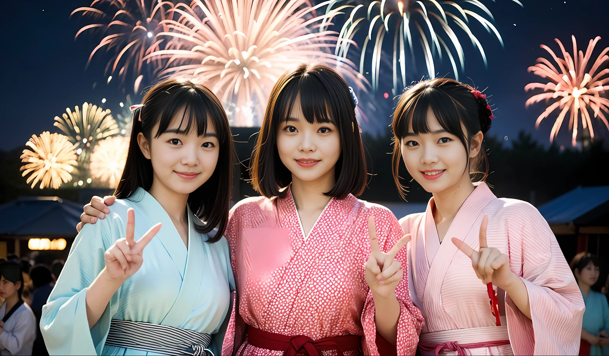 Two girls with round faces in Japan year old yukata posing for a photo, happy smiles, peace sign, good hands, bangs, 4K, high resolution, masterpiece, top quality, ((Hasselblad photo)), fine skin, sharp focus, soft lighting, [:( detailed face: 1.2):0.2], (delicate pattern yukata: 1.3), beautiful neck, fireworks, complex background, night market, night, ( Very detailed: 1.2), (fireworks launched into the night sky: 1.3)