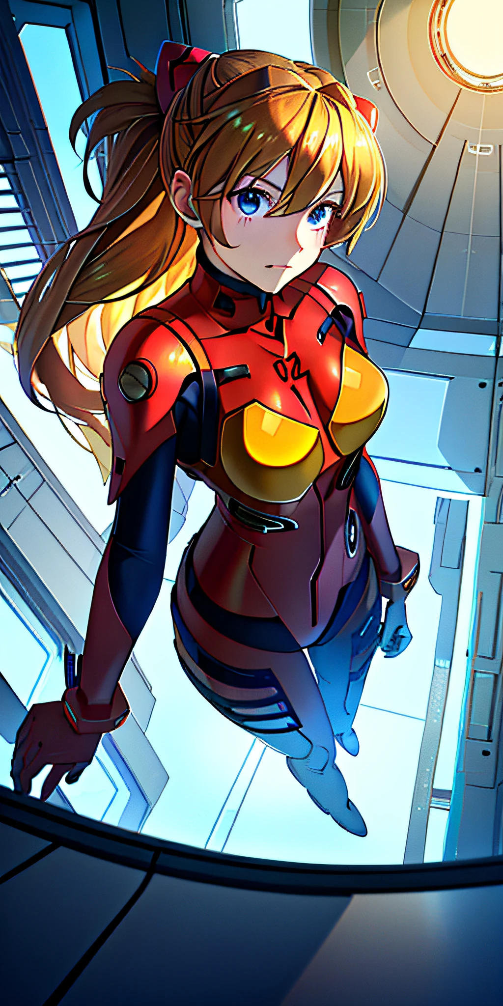 (Overhead View),Dynamic Angle,Super Detail, Illustration, Close Up, Straight On, 1 Girl, ((Souryu Asuka Langley, Interface Headset, Red Bodysuit: 1.4, Blonde)), Her eyes shone like dreamy stars (Glowing Eyes: 1.233), (Beautifully Detailed Eyes: 1.1), (Expressionless, Closed Mouth), (Standing), ( mechanic's room with tools and spaceship windows in a white spaceship), (night: 1.2), dreamy [[Delicate fingers and hands: 0.55]::0.85], (detail fingers),
