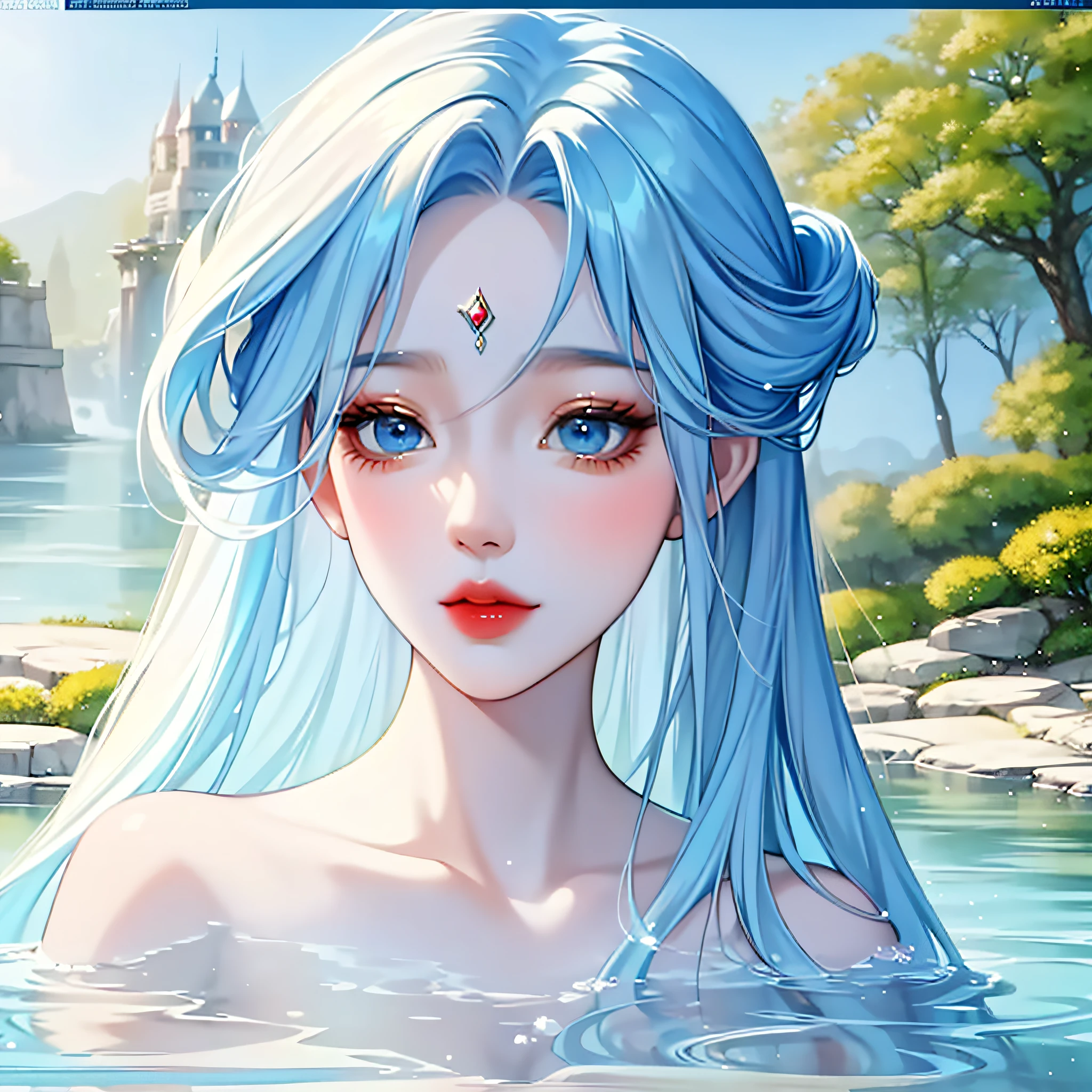 painting of a woman in a blue dress in a pond of water, beautiful character painting, ((a beautiful fantasy empress)), in the art style of bowater, closeup fantasy with water magic, artwork in the style of guweiz, inspired by Chen Yifei, ethereal beauty, a beautiful fantasy empress, inspired by Zhang Yan, palace , a girl in hanfu