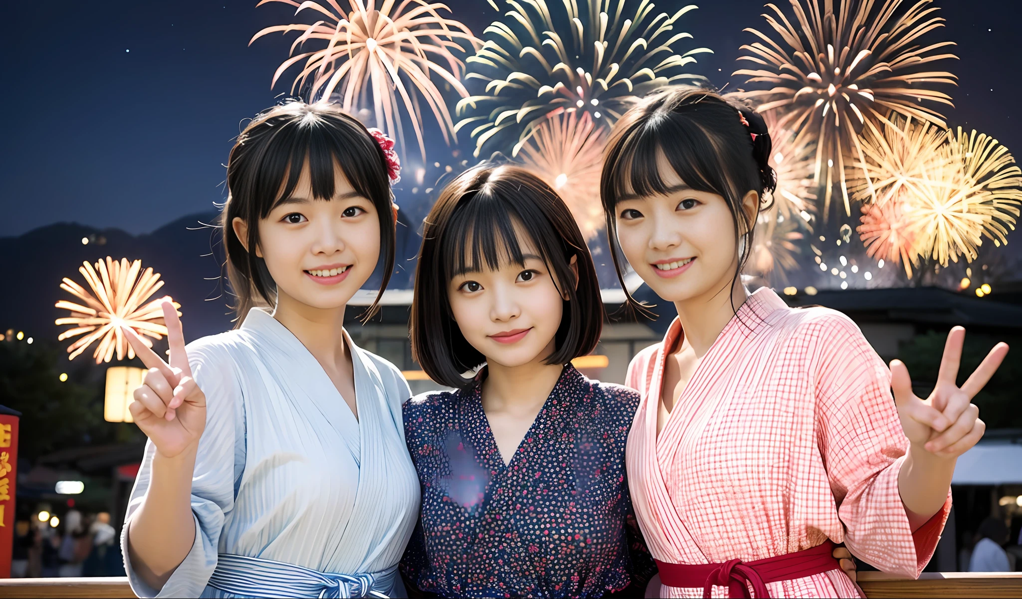 Two girls with round faces in Japan year old yukata posing for a photo, happy smiles, peace sign, good hands, bangs, 4K, high resolution, masterpiece, top quality, ((Hasselblad photo)), fine skin, sharp focus, soft lighting, [:( detailed face: 1.2):0.2], (delicate pattern yukata: 1.3), beautiful neck, fireworks, complex background, night market, night, ( Very detailed: 1.2), (fireworks launched into the night sky: 1.3)