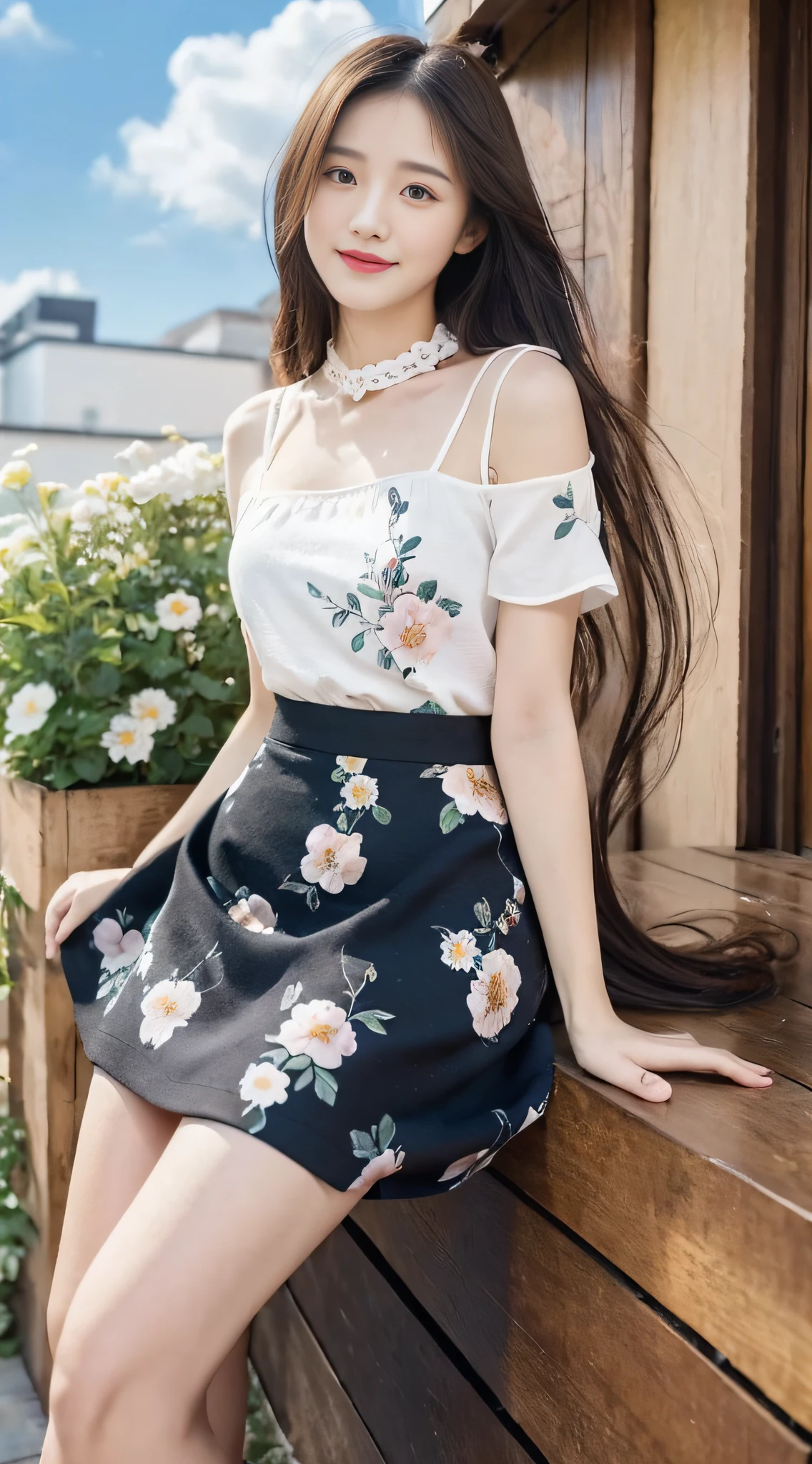 ((Best Quality, 8K, Masterpiece: 1.3)), Focus: 1.2, High School Girl, Motorcycle Pilot, Perfect S-Shaped Body, (Firm Eyes) (Cute), Delicate Face, Long Hair Waist Length, Long Hair Flowing, Head Tilted, Smile, Hair Details, Delicate Full Body Portrayal, Delicate Face Portrayal, Best Image Quality, High Resolution, Detailed Background, Delicate Characterization, Delicate Details, Rich Details, Face Enhancement, (Black Short Top, Floral Midi Skirt), Blue Sky and White Clouds, Sitting Among the Flowers, Wooden House, There are no bags under the eyes