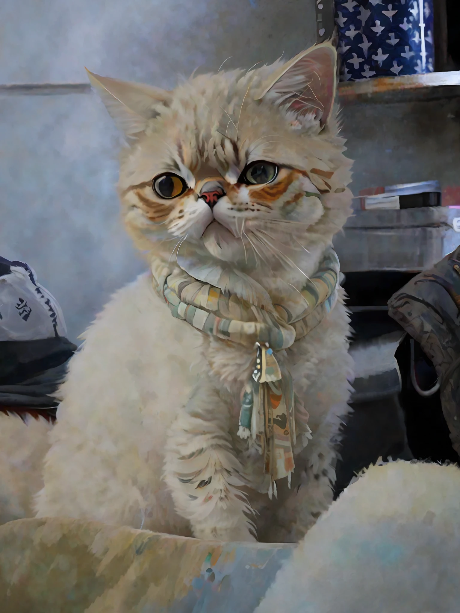 a painting of a cat wearing a hat and scarf, trending in the art station, dressed in punk clothes, detailed hyper realistic rendering, british gang member, street style, intimidating pose, planet of the cats, clothes with fashion, urban samurai, meow, west slavic features, 8 1 5