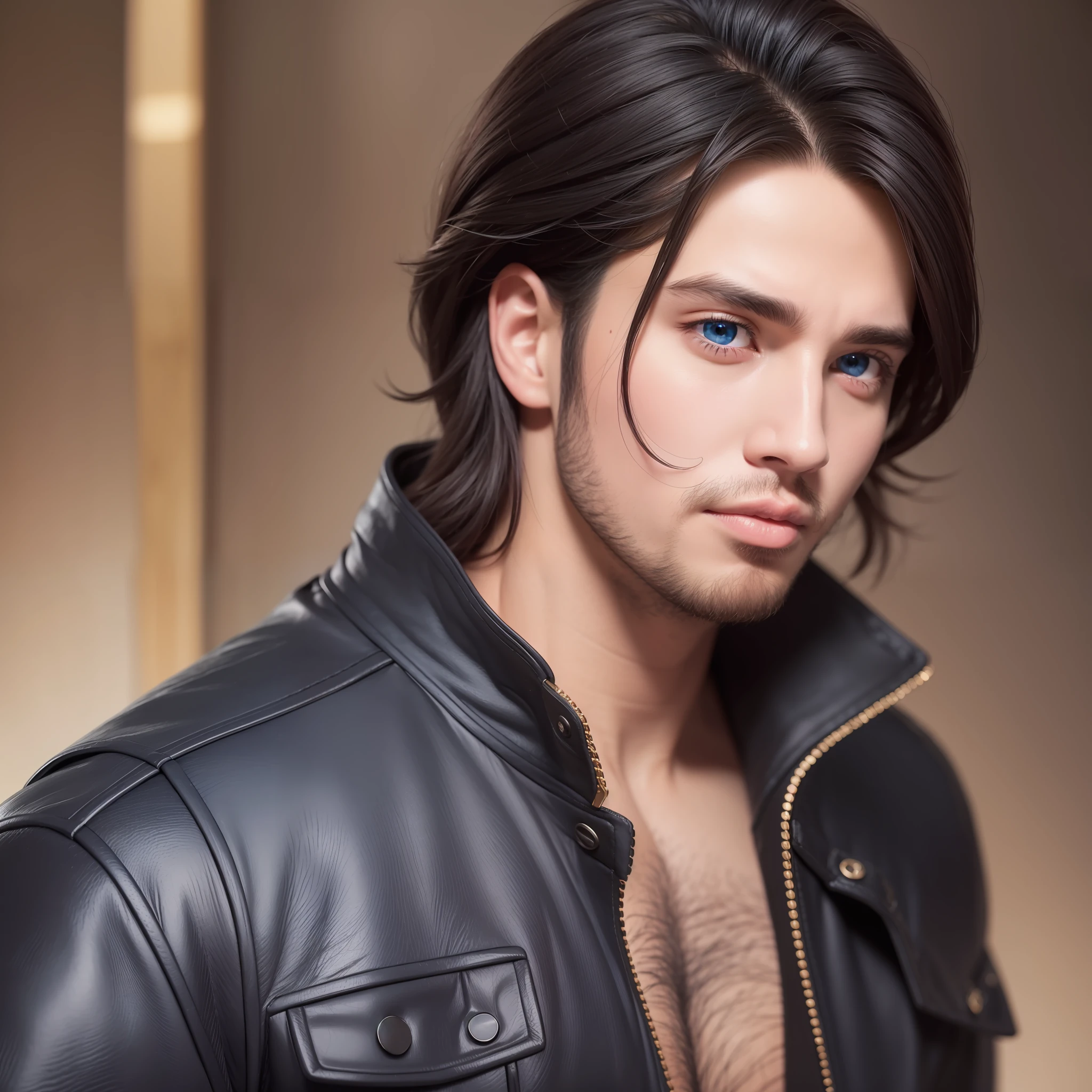 Portrait of a 25-year-old man with deep blue eyes. Black hair. Perfect skin. Thick and proportionate lips. Brown feet. Hyper-detailed, high quality, photorealistic, 8k