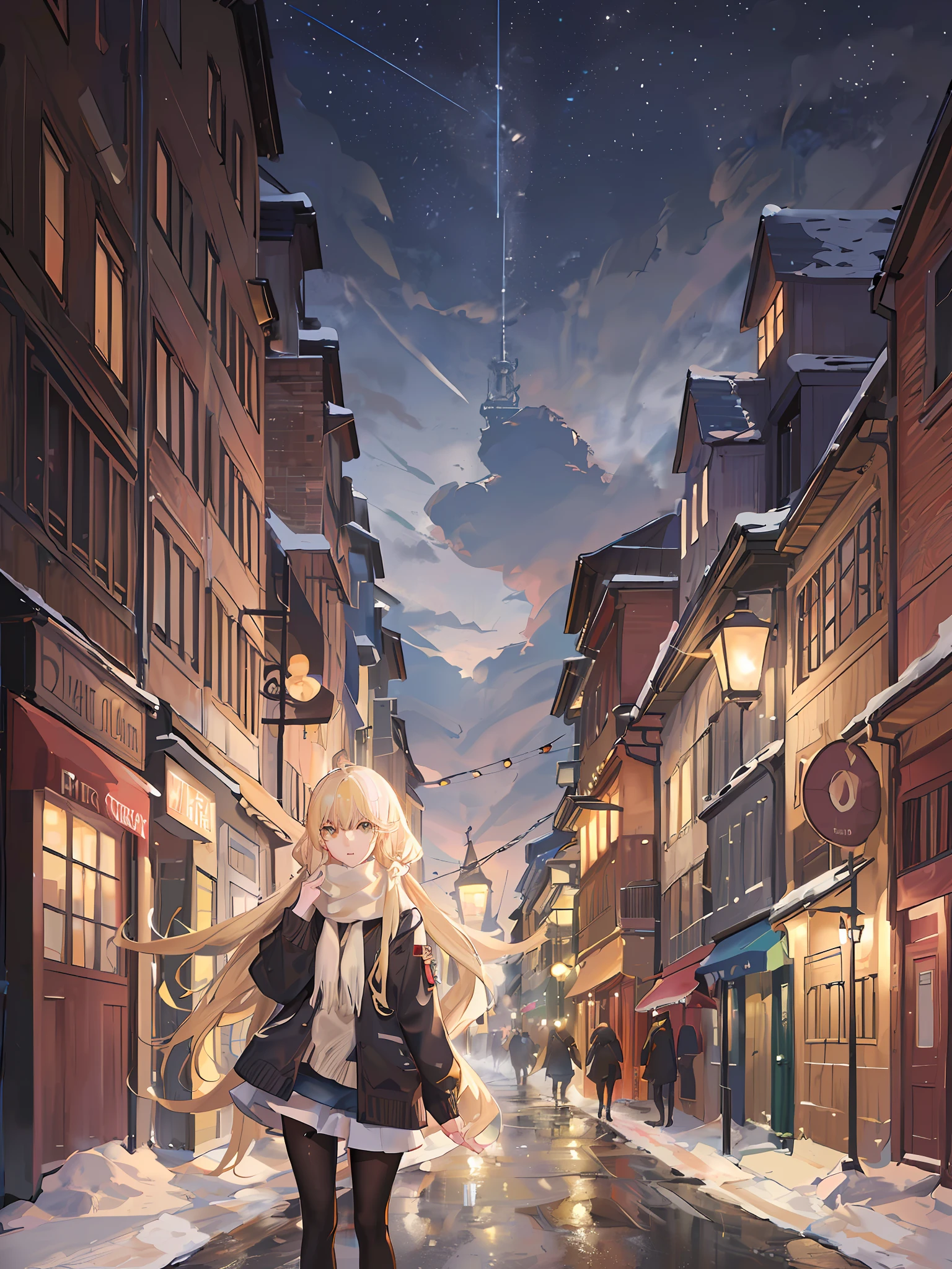 ((masterpiece)), best quality, ultra-detailed, an extremely delicate and beautiful, 2D girl, (straight blonde hair, white skin, big eyes, high nose, small mouth, middle finger ring), Snow in the night sky, five fingers, a pair of hands, a tall nose, yellowed street lamps, (scarf: 1.2, cardigan), blew into a fog, The surrounding tall buildings rise up, the lights flicker upstairs, the driveway is bustling, watercolor style.