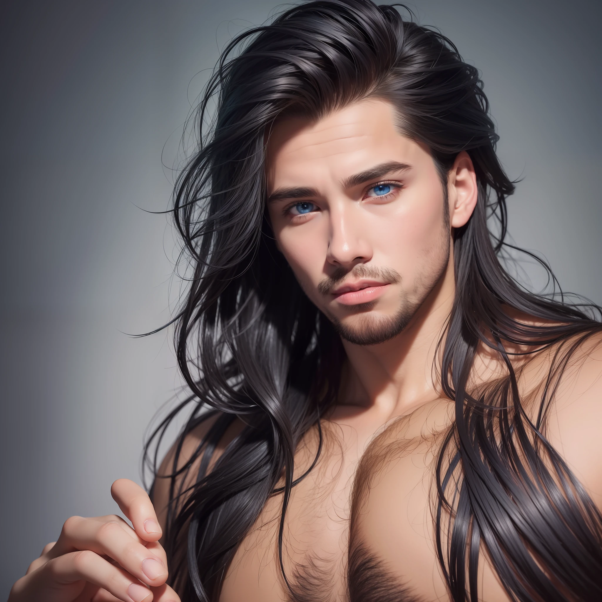 Portrait of a 25-year-old man with deep blue eyes. Black hair. Perfect skin. Thick and proportionate lips. Brown feet. Hyper-detailed, high quality, photorealistic, 8k