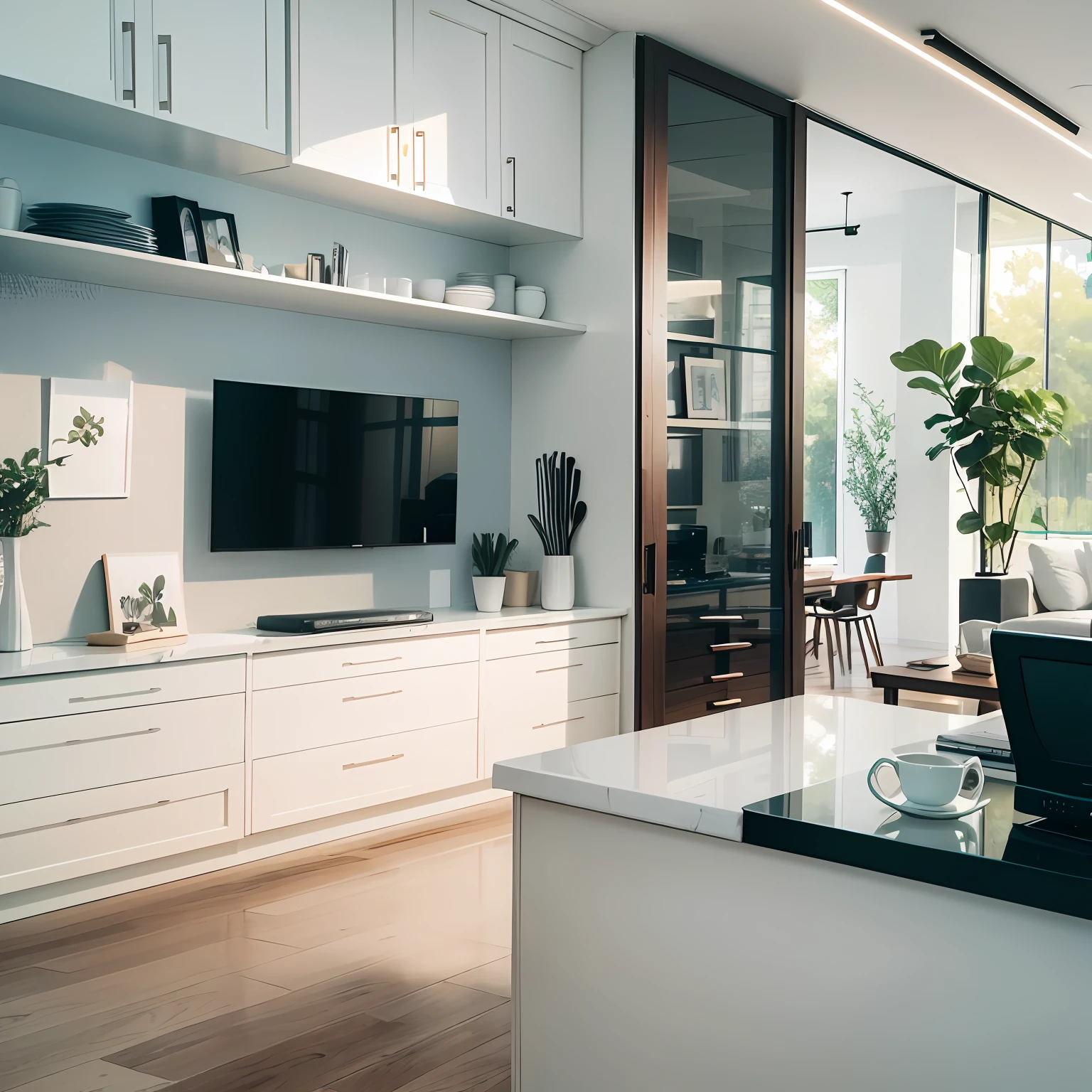 create the design of a living room with integrated kitchen, White walls, TV, shelf with figures, high quality --auto --s2