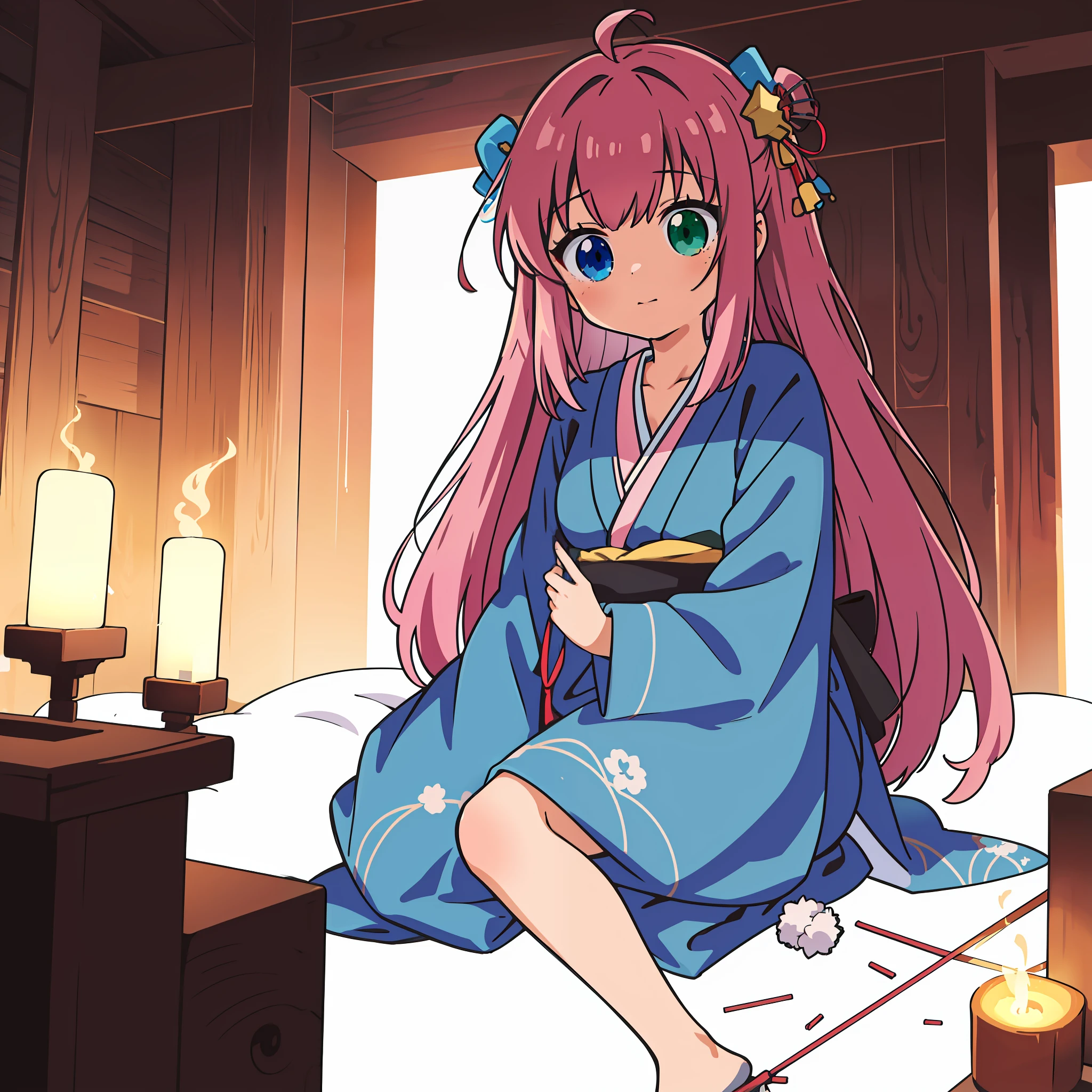 Anime illustrations in the style of "Kyoto Animation", highest quality, (cute: 1.1), (cute), (high resolution: 1.2), incredibly ridiculous: 1.3, incredibly fine illustrations, break 1 beautiful girl, Solo, (heterochromia, light blue eyes and light green eyes), silhouette of star eyes, solo, upright, eyes closed, side angle, chest up, big breasts, break, braid, light pink hair, semi-long hair, red ribbon at the end of braid, black cardigan, white blouse, blue jeans, break, Japanese-style room, altar, two candles, incense sticks, break, gassho, sitting in front of the altar, morning