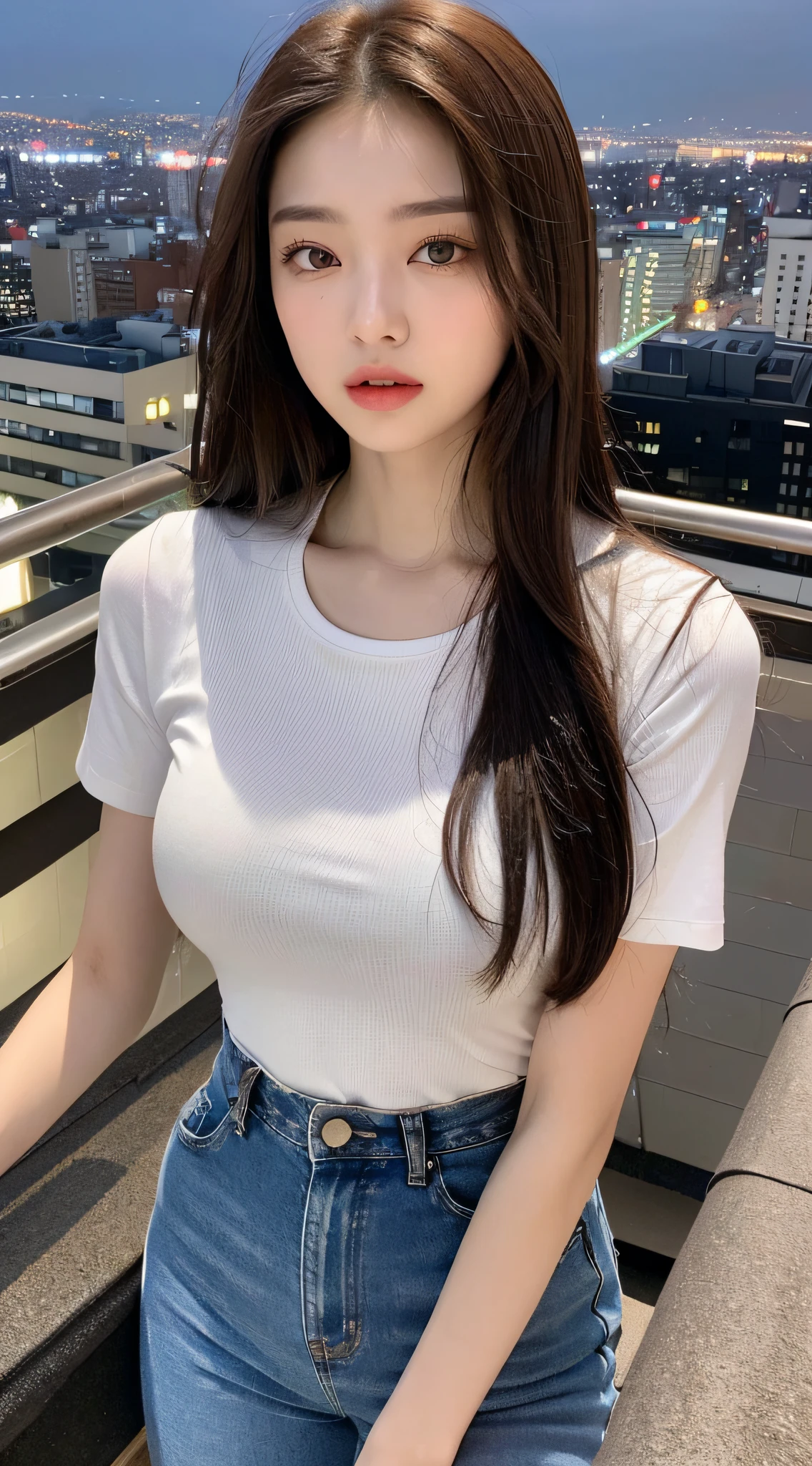 ((Midnight, Best Quality, 8k, Masterpiece: 1.3)), Full Body, Naked, Long Legs, Sharp Focus: 1.2, Pretty Women with Perfect Figure: 1.4, Slender Abs: 1.1, ((Dark Brown Hair, Big: 1.2)), (White Tight T-Shirt, Jean Bib, Standing:1.2), ((Night City View, Rooftop: 1.3)), Highly Detailed Face and Skin Texture, Detailed Eyes, Double eyelid