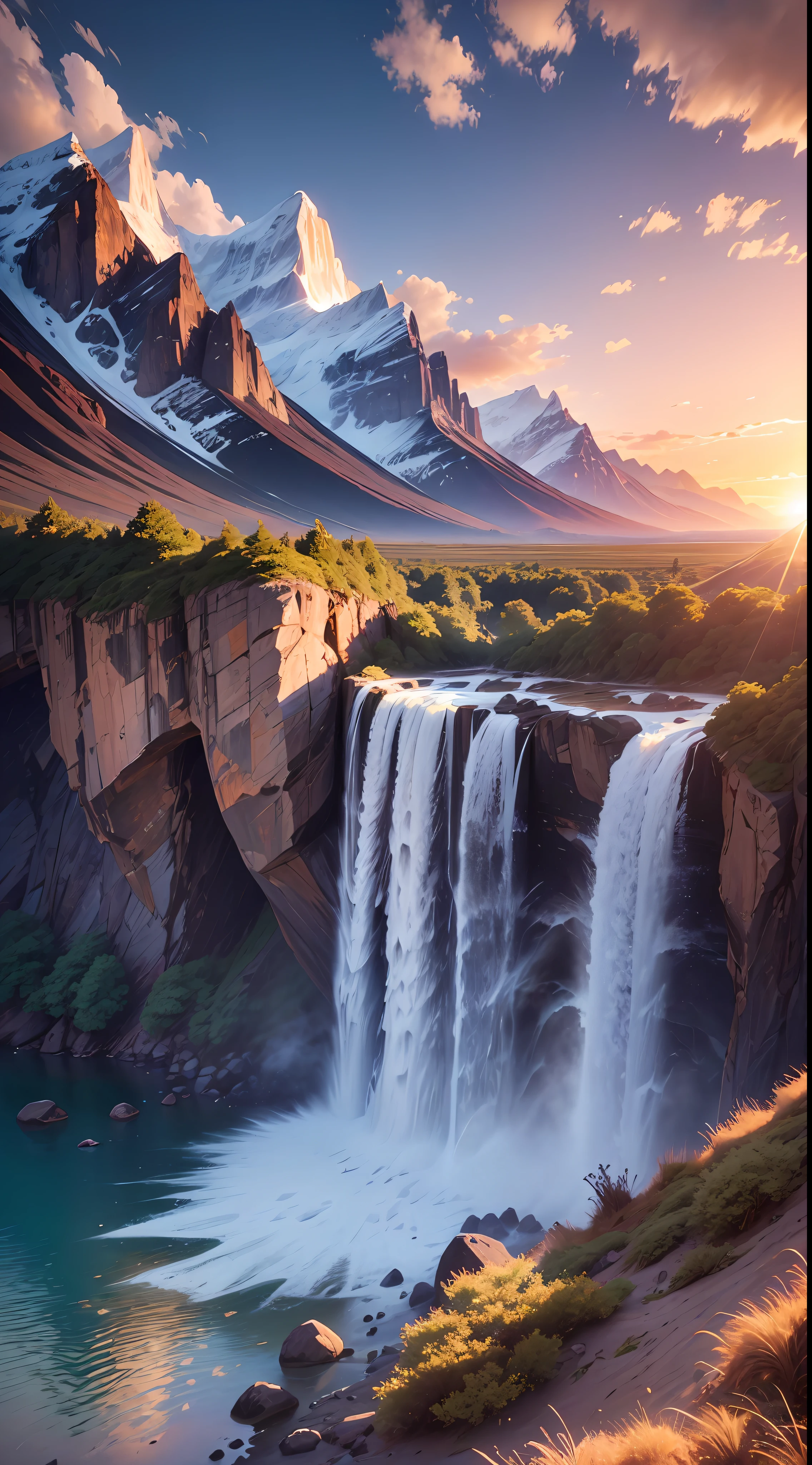 Landscape waterfall in mountains sunset image best quality, high quality, beautiful wallpaper deserted beach 8k extremely detailed, photography --auto --s2