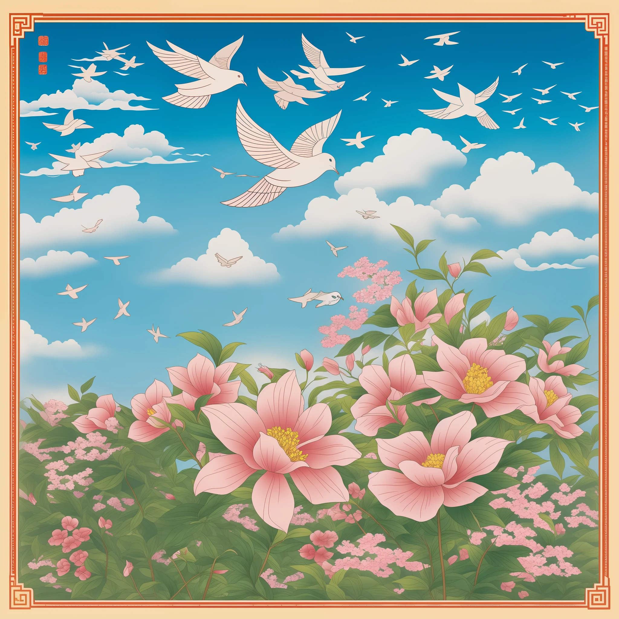 In the background is a Chinese flag unfurled in the wind, with flowers in full bloom in front of it. Behind the flowers, a Harmonic bullet train came from far and near, and in the sky on the right, a Shenzhou spacecraft was lifting. There is a Chinese watch on the left side of the picture, and there are 3 flying doves of peace in the sky on the Chinese watch