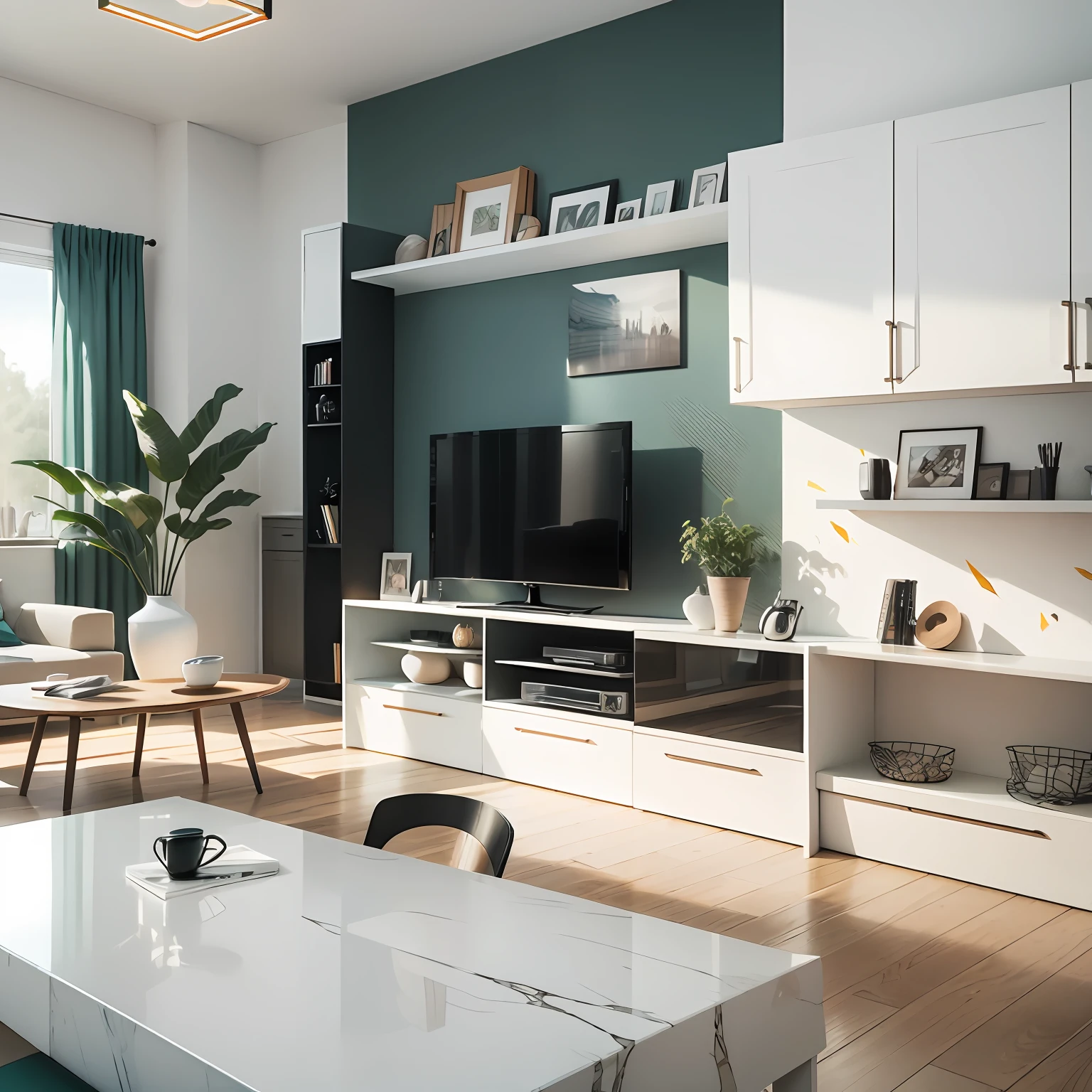 create the design of a living room with integrated kitchen, White walls, TV, shelf with figures, high quality --auto --s2