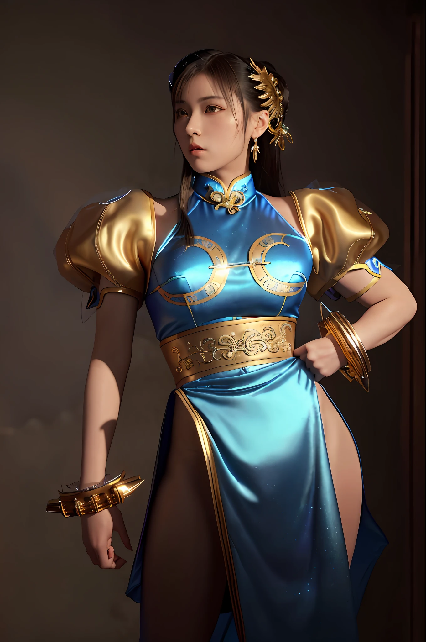 Cinematic poster. 8k, real image, intricate details, ultra-detailed, (photorealistic), (8k, RAW photo, best quality, masterpiece:1.2),(realistic, photorealistic:1.37).
(ChunLi:1.0), 1girl, solo, Chun-li wearing full blue clothing, full body, with gold details glued all over the body with sparkle, (camel toes), Hot body, Hot girl, Athletic body, skin with sparkle, highly detailed, realistic. kinematic lighting.
In the background a cinematic ancient Chinese city with stone dragon statues.