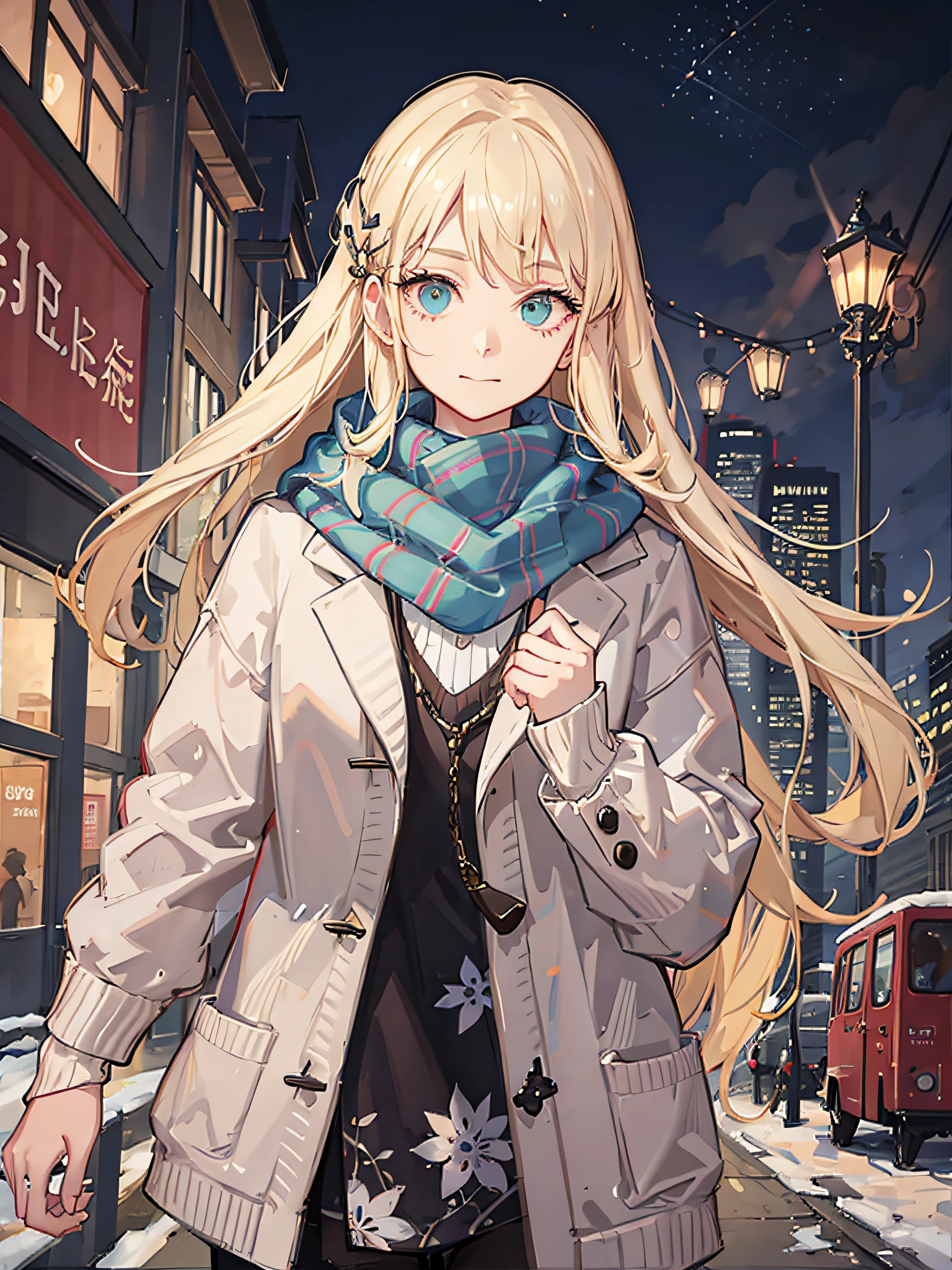 ((masterpiece)), best quality, ultra-detailed, an extremely delicate and beautiful, 2D girl, (straight blonde hair, white skin, big eyes, high nose, small mouth, middle finger ring), Snow in the night sky, five fingers, a pair of hands, a tall nose, yellowed street lamps, (scarf: 1.2, cardigan), blew into a fog, The surrounding tall buildings rise up, the lights flicker upstairs, the driveway is bustling, watercolor style.