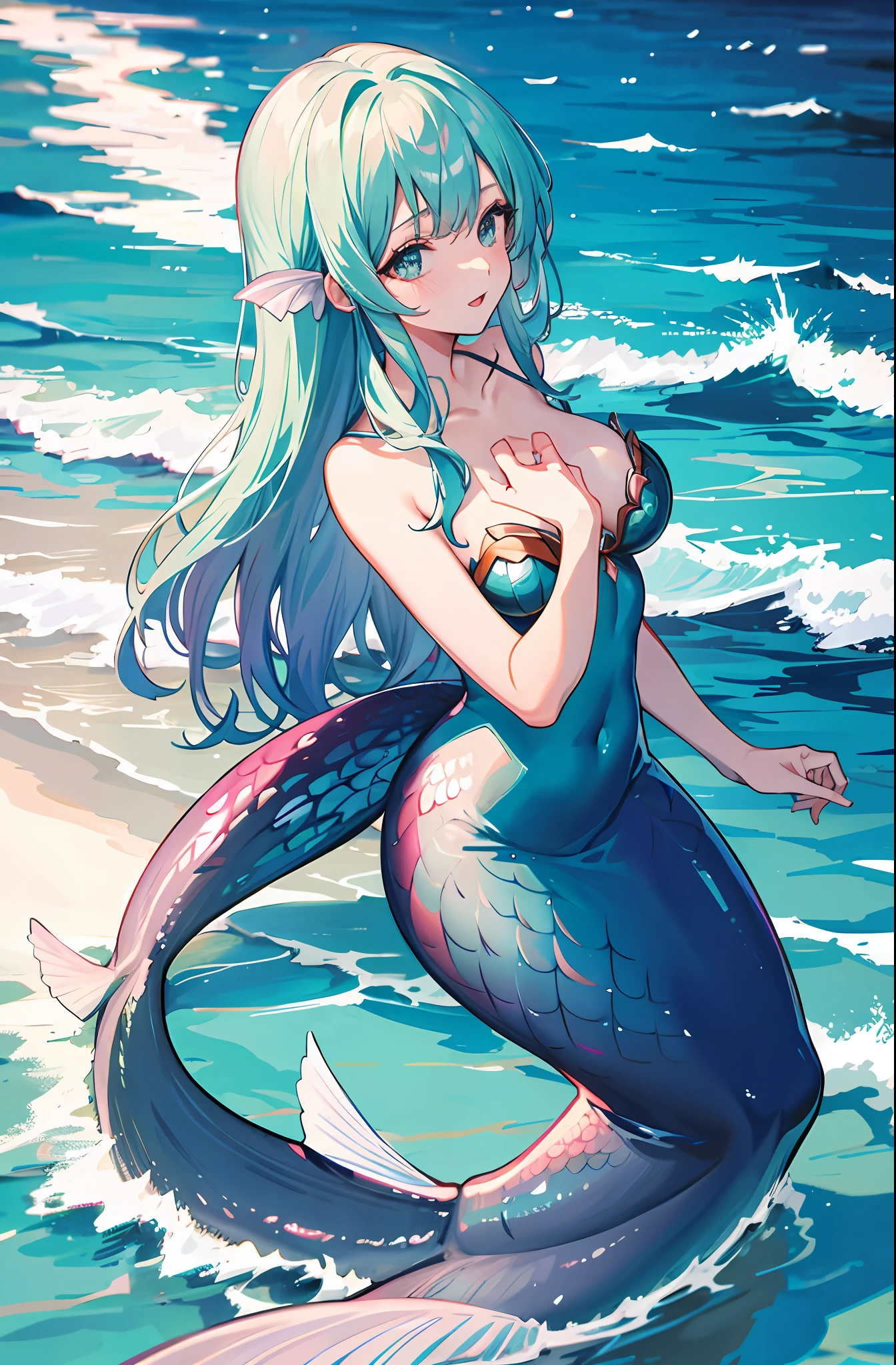 1 mermaid, tail, ocean, full breasts, exposed side breasts, singing