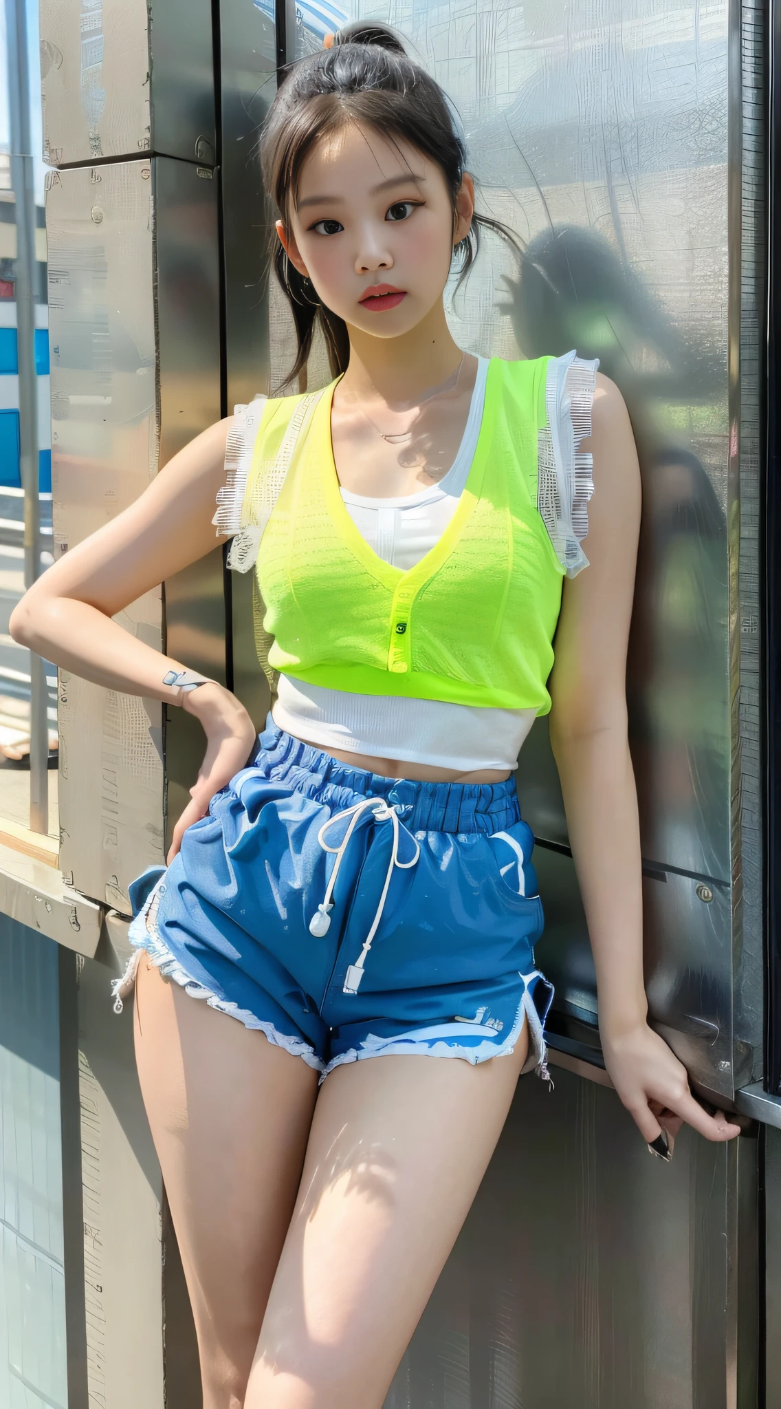Kim Ji-ni Jennie face, wearing a fluorescent blue vest, double ponytail, short, light blue shorts, sexy, cute, white socks, gray wall, full body photo, looking at the audience, Korean style photo photo, photography lighting, strong contrast, sunlight on the face,
