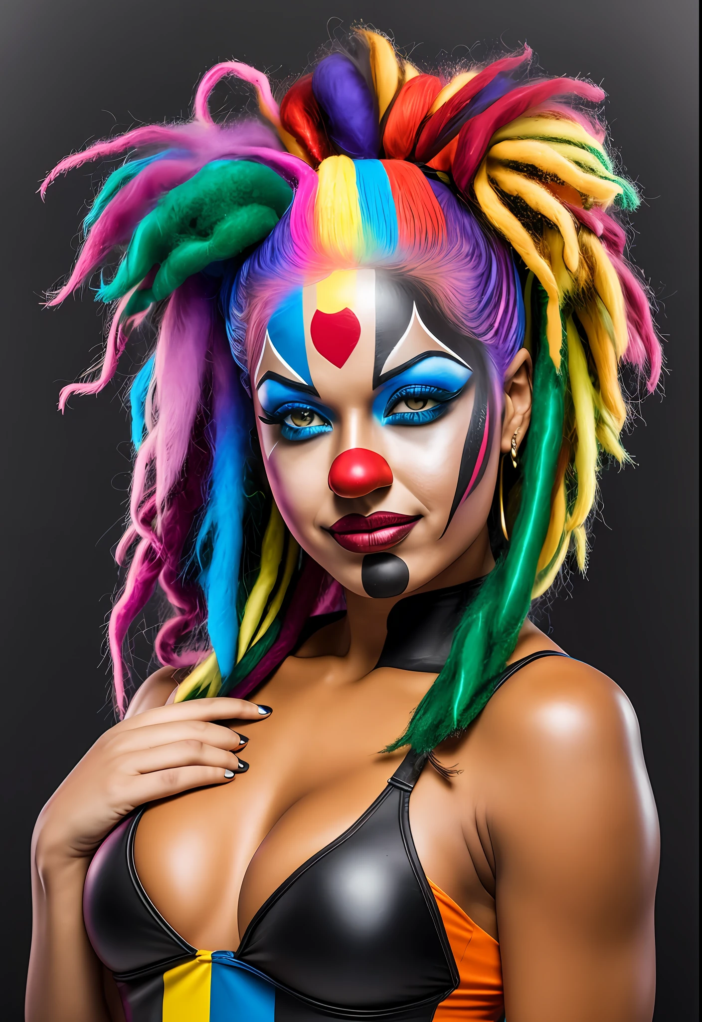 half body, dark photograph of a sexy Brazilian clown woman, beautiful face, (clown face paint), fully wearing a slim tight bodysuit, rainbow (hair with dreadlocks), plain dark background, photorealistic, busty, shot with a hasselblad H6D 100c, HCD 24 lens mm, ultra photorealistic, cinematic lighting, dark atmosphere, frames, dynamic pose --auto --s2
