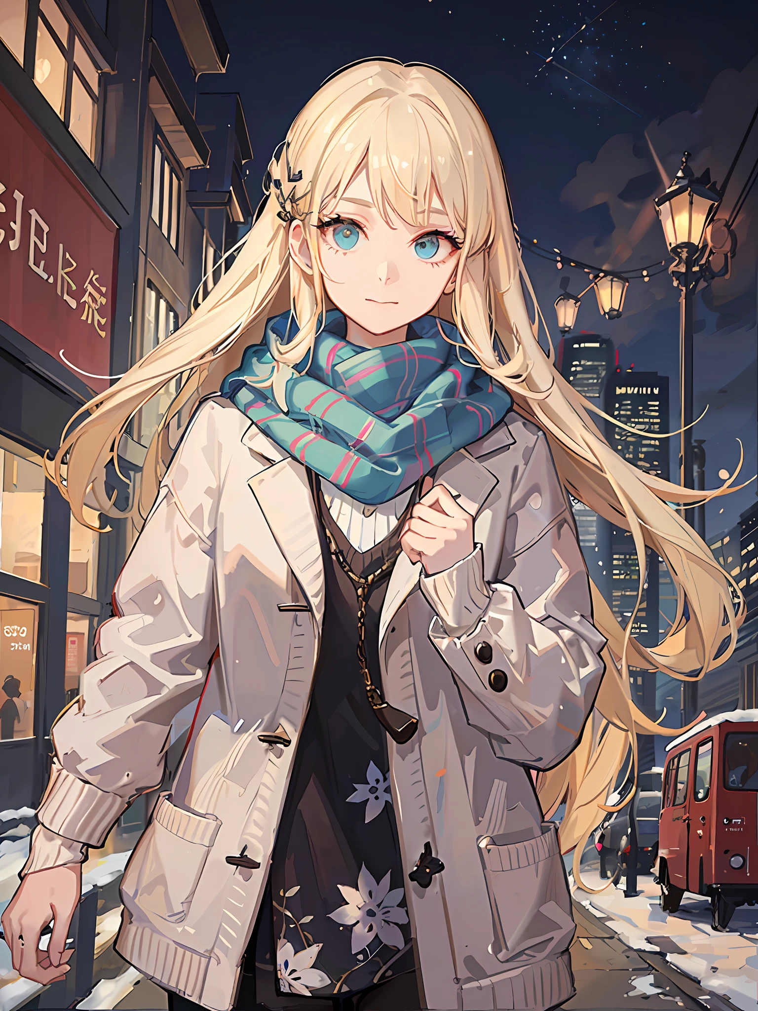 ((masterpiece)), best quality, ultra-detailed, an extremely delicate and beautiful, 2D girl, (straight blonde hair, white skin, big eyes, high nose, small mouth, middle finger ring), Snow in the night sky, five fingers, a pair of hands, a tall nose, yellowed street lamps, (scarf: 1.2, cardigan), blew into a fog, The surrounding tall buildings rise up, the lights flicker upstairs, the driveway is bustling, watercolor style.