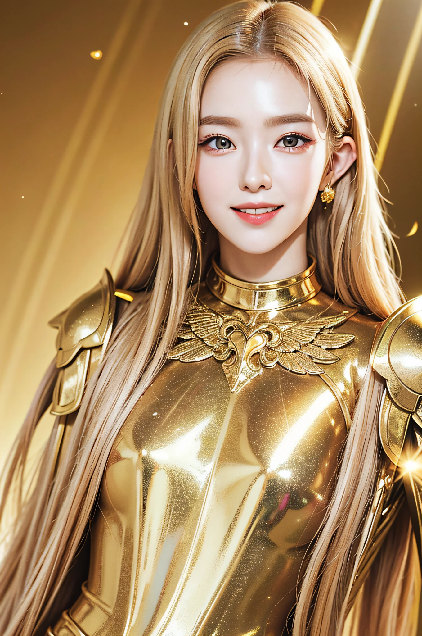 Golden armor, long blonde hair, golden pupils, golden light background, golden transparent wings, smiling, golden eyes, flashing notes around, maiden, golden starlight, dazzling