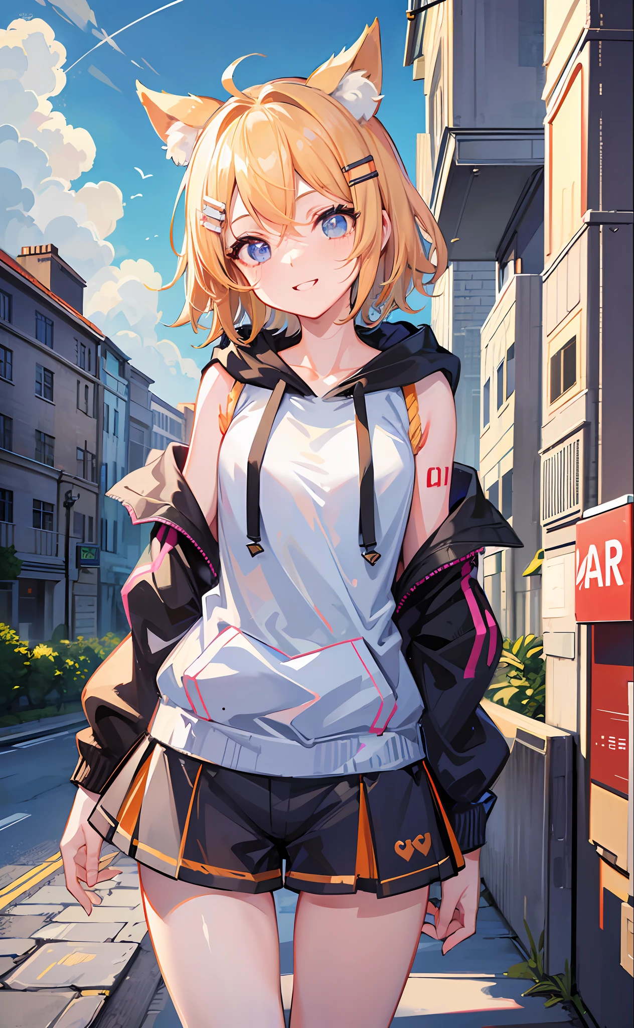 (Masterpiece), (Best Quality), (Illustration), (Super Detail), (High Resolution), Perfect Anatomy, Absurdity, One Girl, (Kagamine_Rin), (Vocaloid), Short Hair, Hair Clip, Big Smile, (Blonde), Very Cute Girl, Small, Young, Delicate, Attention to Girl, Outdoor, Cute, She, Smile, Best Moment, Middle School, Blue Eyes, Bright Eyes, lively eyes, cute, standing, thighs, red heart on background, heart speech bubble, pampered, innocent, love love, love viewer, beautiful skin, beautiful body, cute face, delicate arms, boyfriend gaze, lively eyes, neatness, bare legs, dabo dabo hoodie, perfect hood, hoodie based on white, black shorts, beautiful girl, cat ears, blue sky, sunlight, unguarded, street
