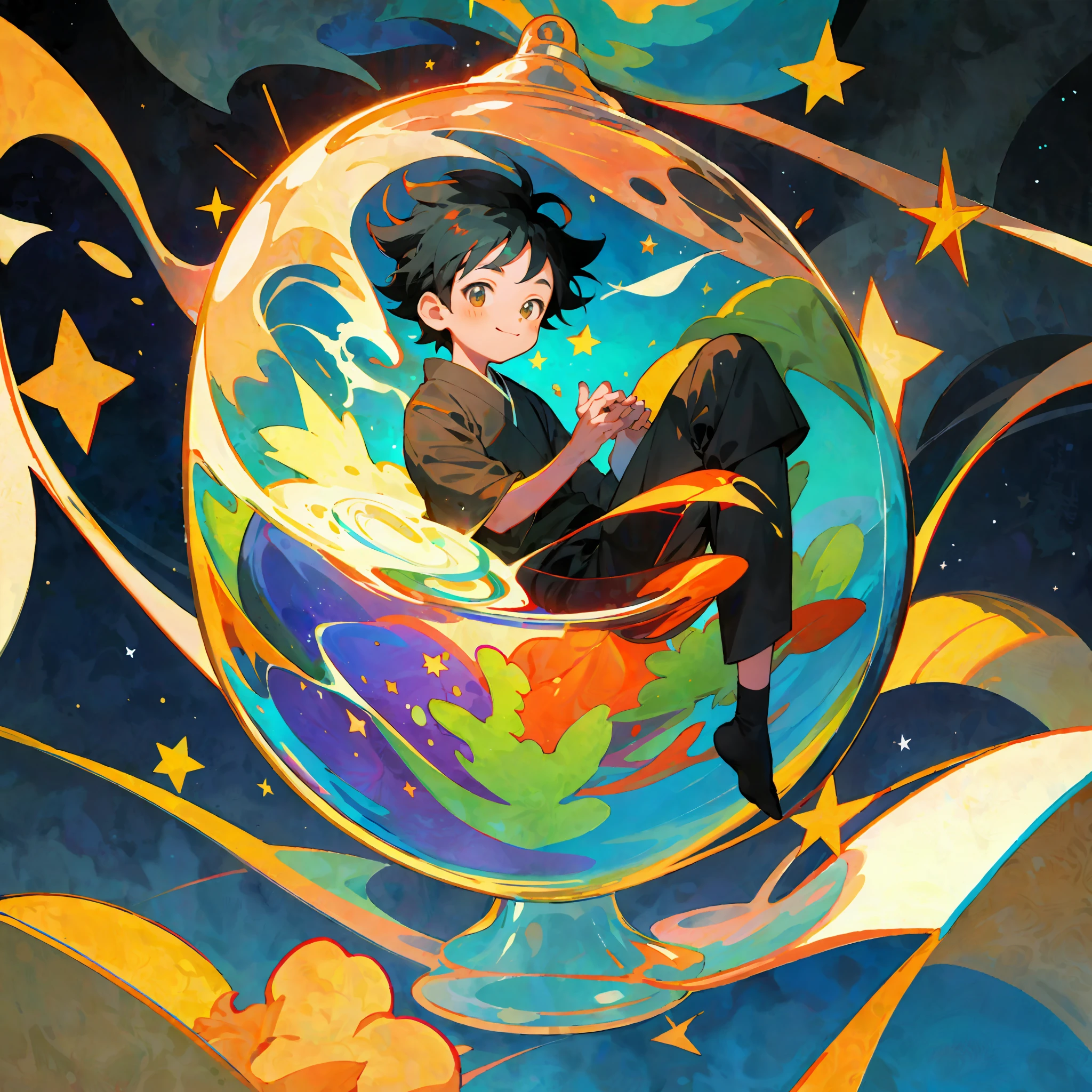 Asian face, a little boy sitting inside a glass, black hair, happy, fantastical, sunny, shaded, colorful, stars
