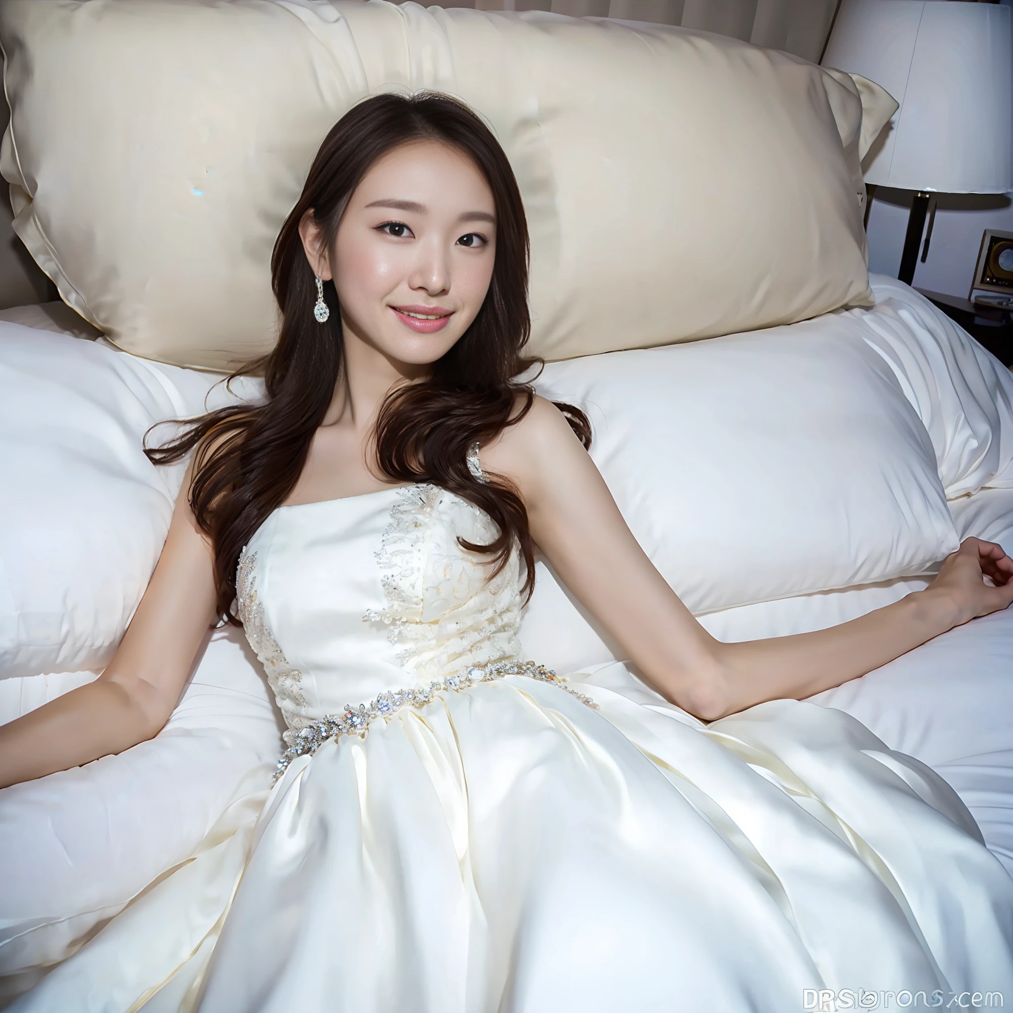 Top quality, ((1 beautiful girl))), girl in white prom dress on bed, full body, lying on her back, legs open, cheeks uplifted, sweating, crying