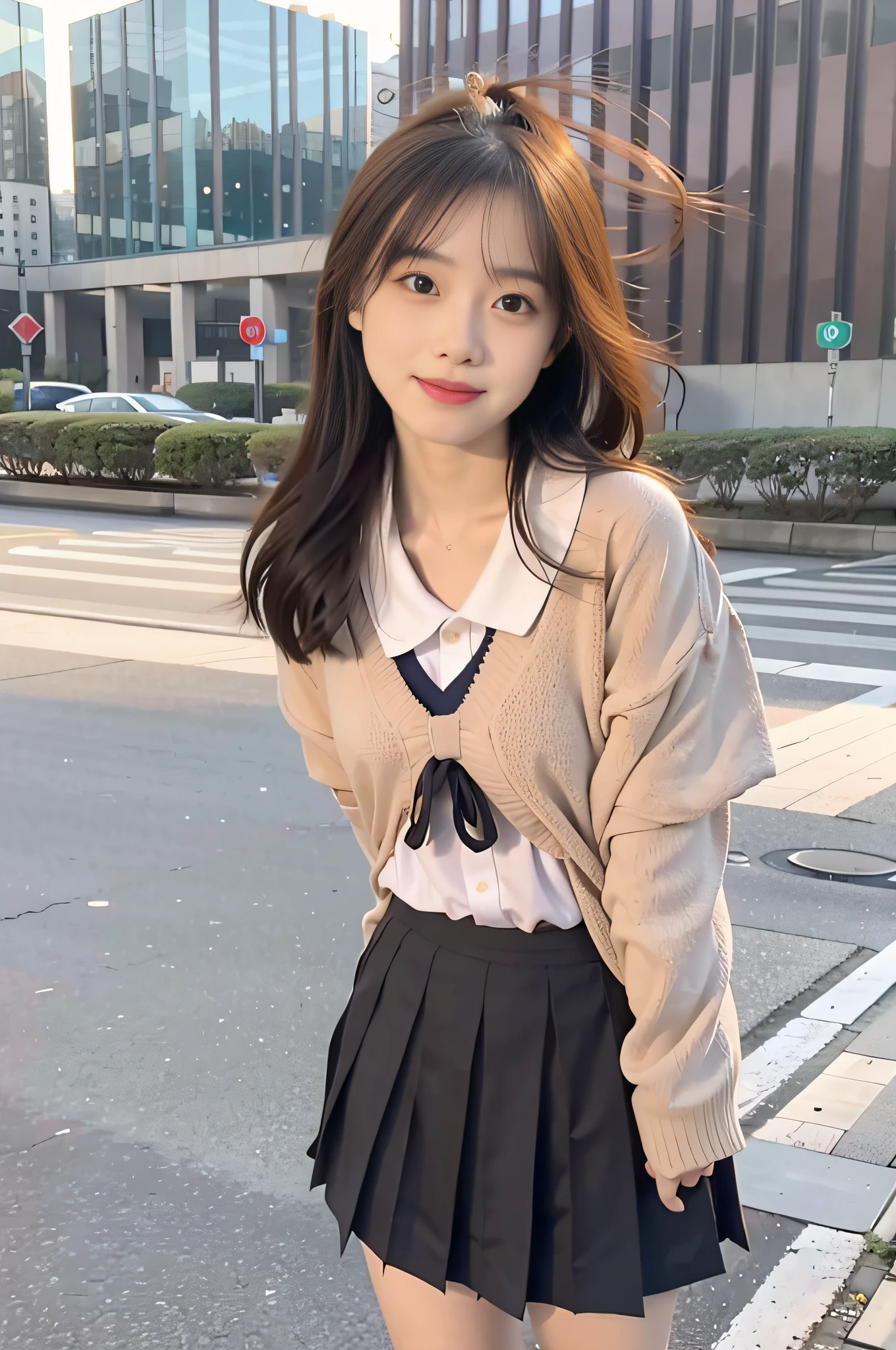 sidewalk, RAW photo, 8K, highest quality, super high resolution, beautiful face details, real human skin, gentle expression, front view, angle from below, shawl long hair, realistic, realistic, cute, short skirt, standing deep in the city, cute schoolgirl, japanese schoolgirl uniform, wearing japanese school uniform, surreal high school girl, full body,