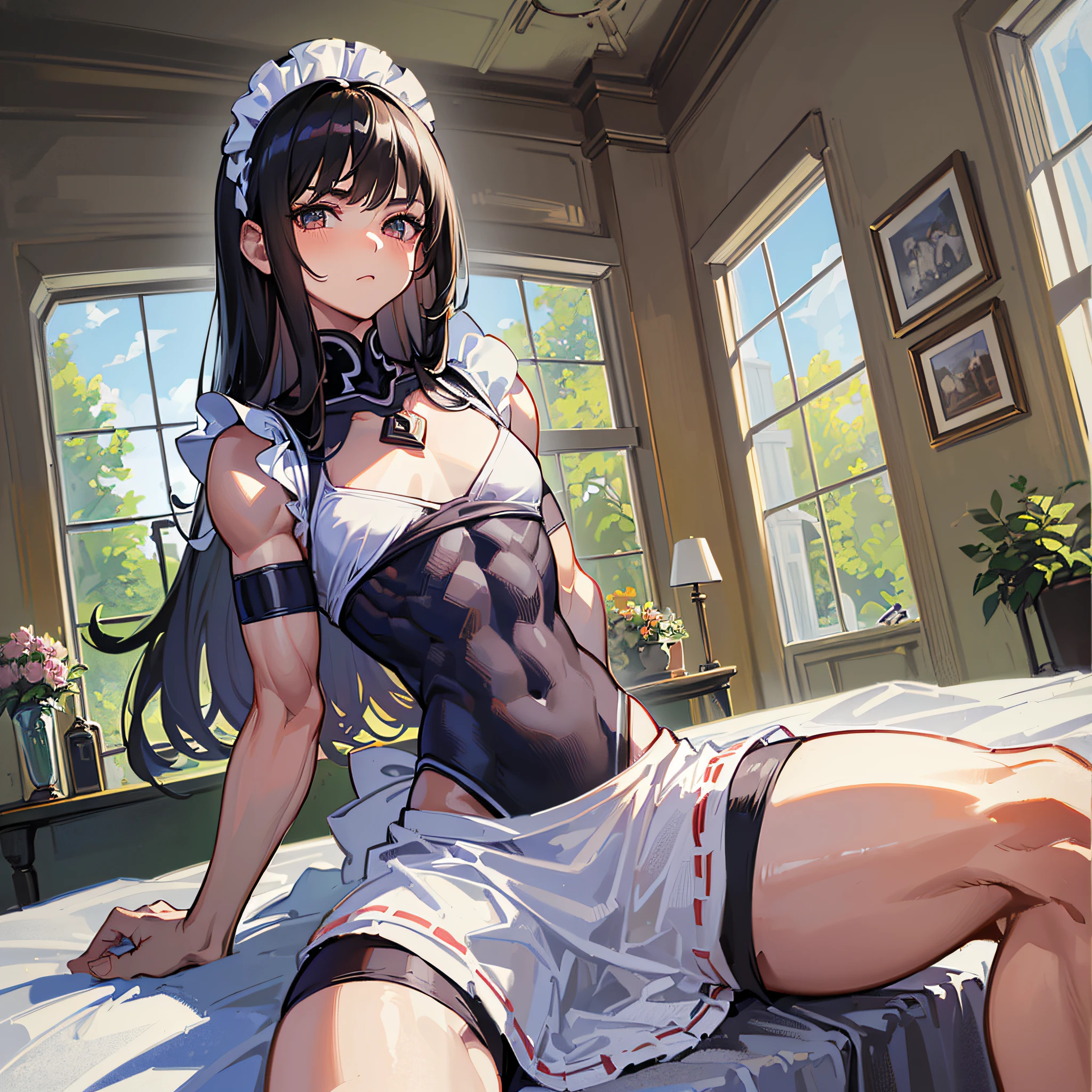 ((Masterpiece)), ((Highest Image Quality)), ((Best Quality)), (Illustration of One Girl), Long Black Hair, (Flat)), (Small), (Tall), (((Muscular Strong Body)), ((Muscular Chest Plate)), ((Muscular and Thick Arms)), ((Muscular and Thick Legs)), (Manspreading)), Open Legs, (((Maid Clothes)), Indoors, Bed,