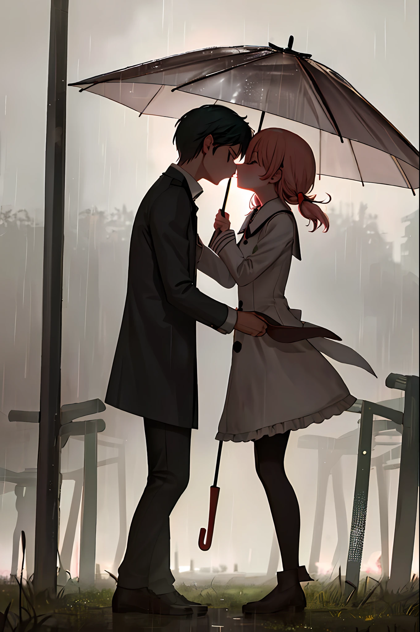 a couple kissing under an one umbrella in a field, kisses are wordless spells, on a rainy day, in the rain, kissing together cutely, standing in the rain, kissing together, rainy background, rain falling, under rain, people with umbrellas
