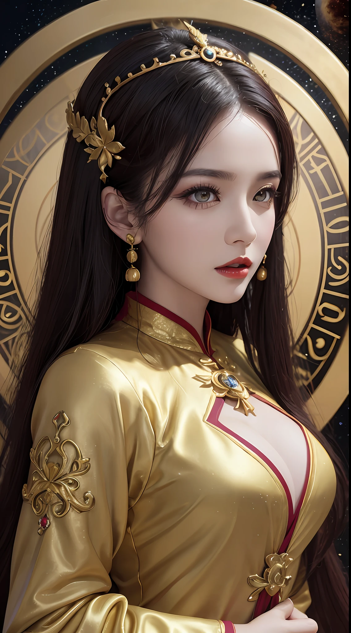 1 goddess of the zodiac from the future, wear the ao dai of the goddess of the zodiac to cover her chest, the goddess of the zodiac wears a bright yellow gold bodice, the goddess radiates a bright pink purple zodiac aura, the stars have the shape of the 12 zodiac signs, the goddess of the zodiac wearing a golden zodiac ao dai with many black details, the mythical goddess of the 12 zodiacs from the future, Zodiac sign ♏, zodiac style, dark and mystic version, Plump boobs, Red lips are balanced and very beautiful, character by karol bak and pino daeni, intricate details, detailed background, many object of background, extra highly detailed, magic lighting, a woman, clearly drawn face, beautiful face and symmetry eyes, big round eyes and very beautiful and detailed makeup, distant focus, silk clothing, mystic adornment, upper body portrait, arms loose, Realistic and vivid photo, (stars that make up the zodiac: 1.7), (zodiac sky background and fantasy portal of space and time: 1.8 ), fiction art, RAW images, style fantasy hanfu, long sleeves that cover 2 hands, 2 outstretched arms,
