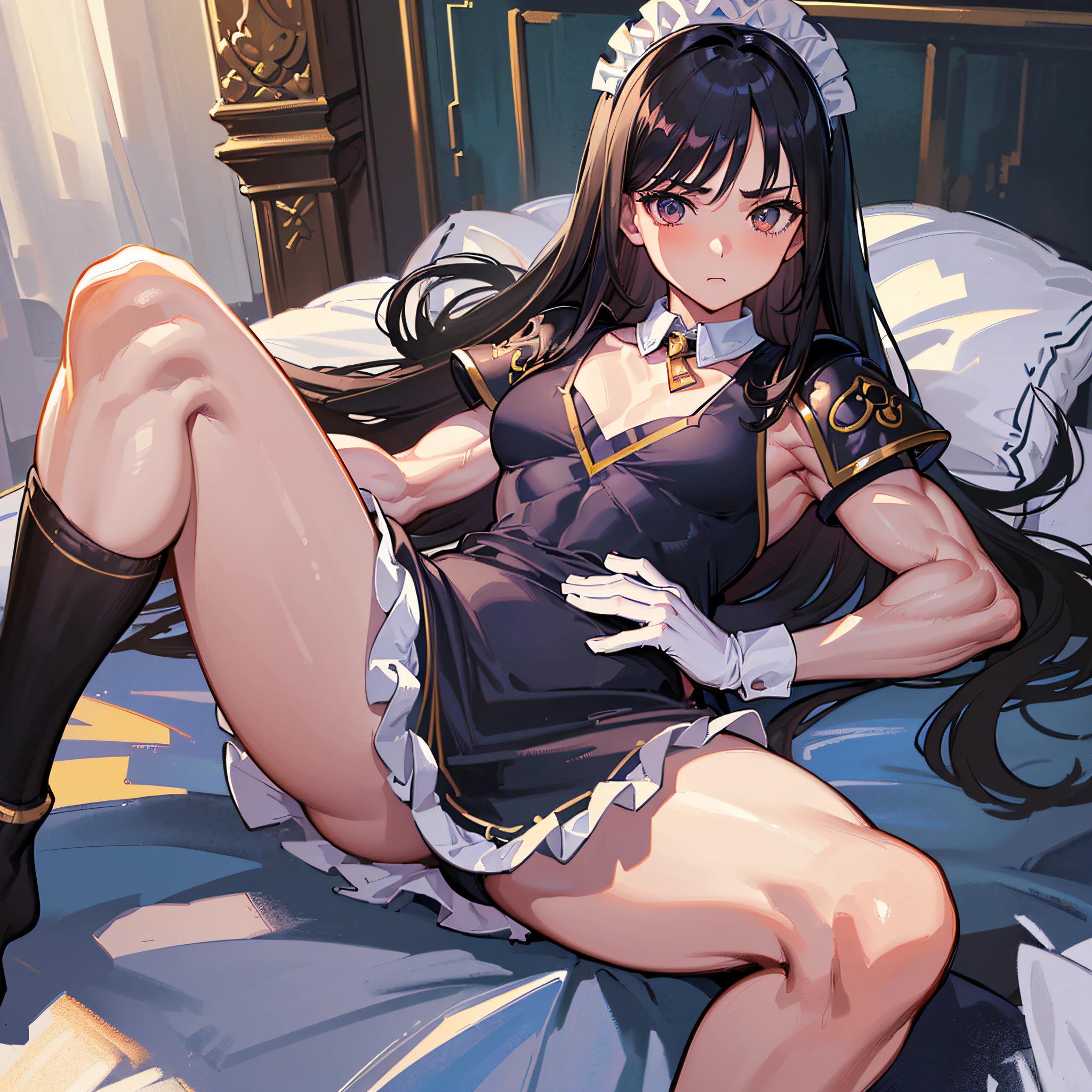 ((Masterpiece)), ((Highest Image Quality)), ((Best Quality)), (Illustration of One Girl), Long Black Hair, (Flat)), (Small), (Tall), (((Muscular Strong Body)), ((Muscular Chest Plate)), ((Muscular and Thick Arms)), ((Muscular and Thick Legs)), (Manspreading)), Open Legs, (((Maid Clothes)), Indoors, Bed,