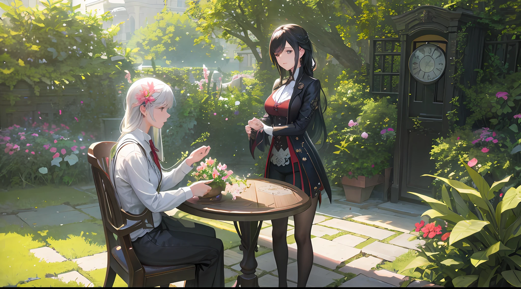 araffe sitting on a chair in a garden with a clock, trending on cgstation, trending at cgstation, unreal engine ; romantic theme, 🌺 cgsociety, cgsociety uhd 4k highly detailed, wlop. 4 k, akihiko yoshida. unreal engine, wlop and ross tran, ross tran and wlop, cgsociety 4 k